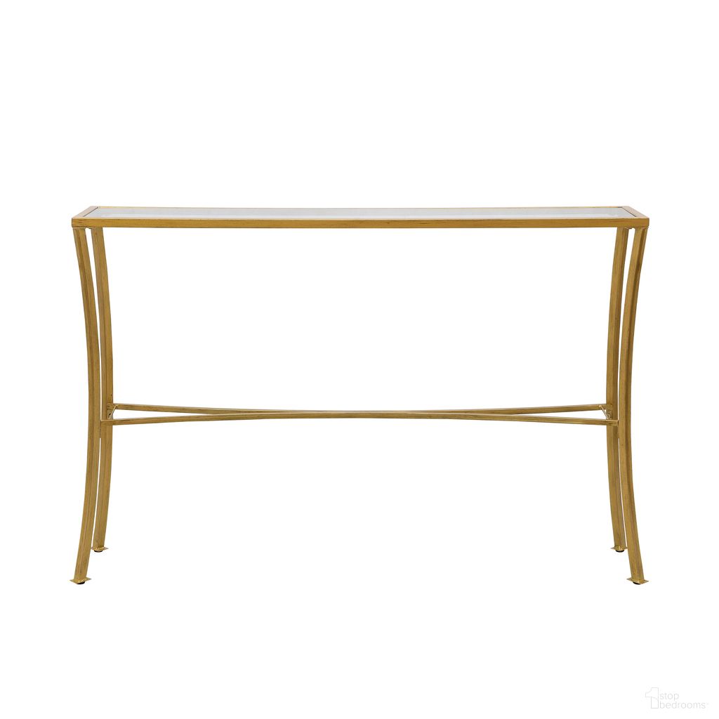 The appearance of Palin Glass Top Console Table In Antique Gold and Clear designed by Carolina Living in the modern / contemporary interior design. This antique gold and clear piece of furniture  was selected by 1StopBedrooms from Palin Collection to add a touch of cosiness and style into your home. Sku: CL4832G-AGLD. Material: Tempered Glass.