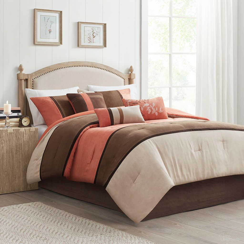 The appearance of Palisades 7 Piece Faux Suede King Comforter Set In Coral designed by Olliix in the transitional interior design. This coral piece of furniture  was selected by 1StopBedrooms from Palisades Collection to add a touch of cosiness and style into your home. Sku: MP10-185. Material: Polyester. Bed Size: King.