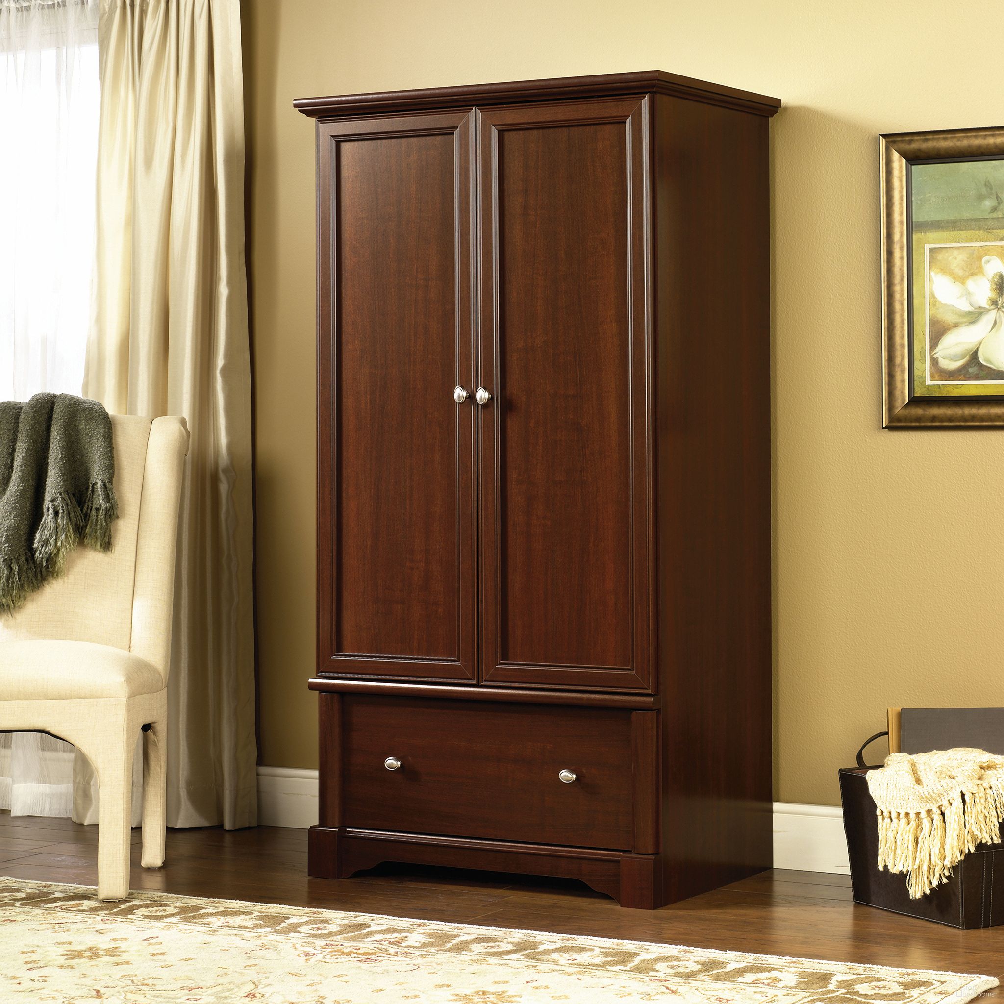 The appearance of Palladia Armoire In Select Cherry designed by Sauder in the traditional interior design. This select cherry piece of furniture was selected by 1StopBedrooms from Palladia Collection to add a touch of cosiness and style into your home. Sku: 411843. Material: Engineered Wood.