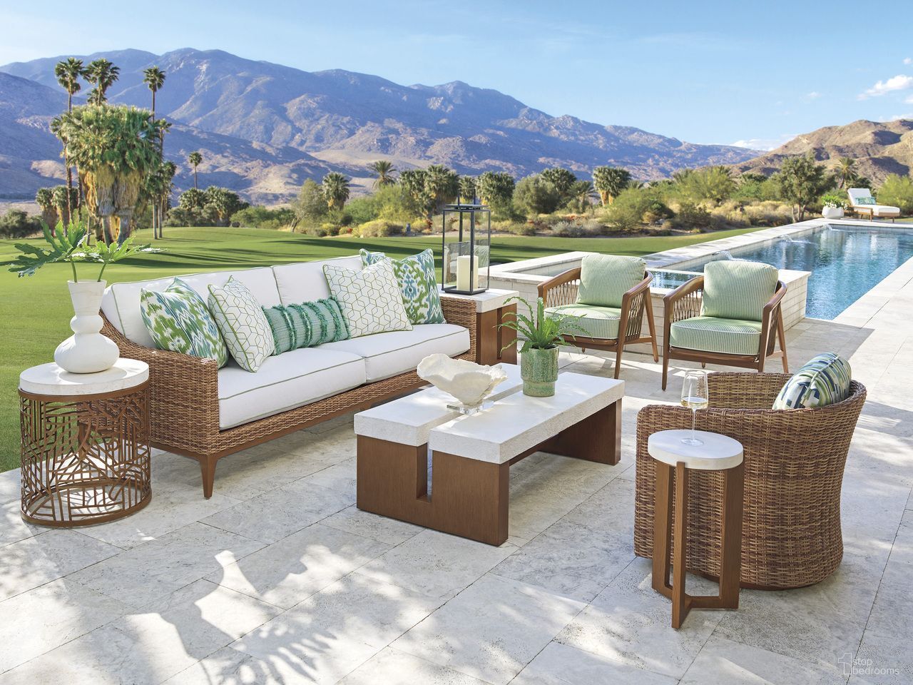 The appearance of Palm Desert Poolside Outdoor Conversation Set In Dark Brown designed by Tommy Bahama in the transitional interior design. This dark brown piece of furniture was selected by 1StopBedrooms from Palm Desert Poolside Collection to add a touch of cosiness and style into your home. Sku: 3340-33-60;3340-09SW-60. Material: Aluminium.