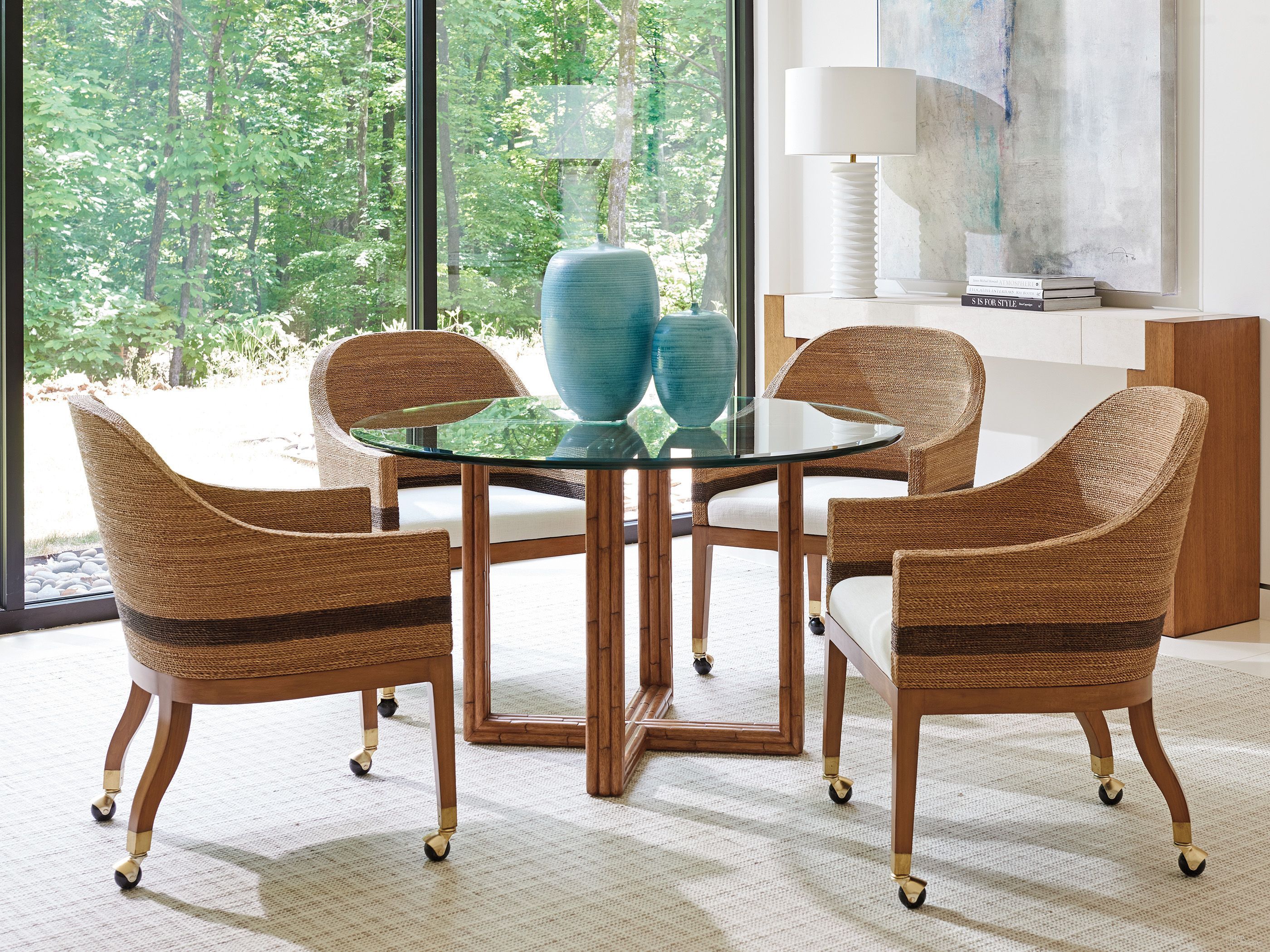 The appearance of Palm Desert Sonoran 42 Inch Dining Room Set designed by Tommy Bahama in the transitional interior design. This sonoran piece of furniture was selected by 1StopBedrooms from Palm Desert Collection to add a touch of cosiness and style into your home. Sku: 575-870-42C;575-887-01. Table Base Style: Pedestal. Material: Glass. Size: 42".