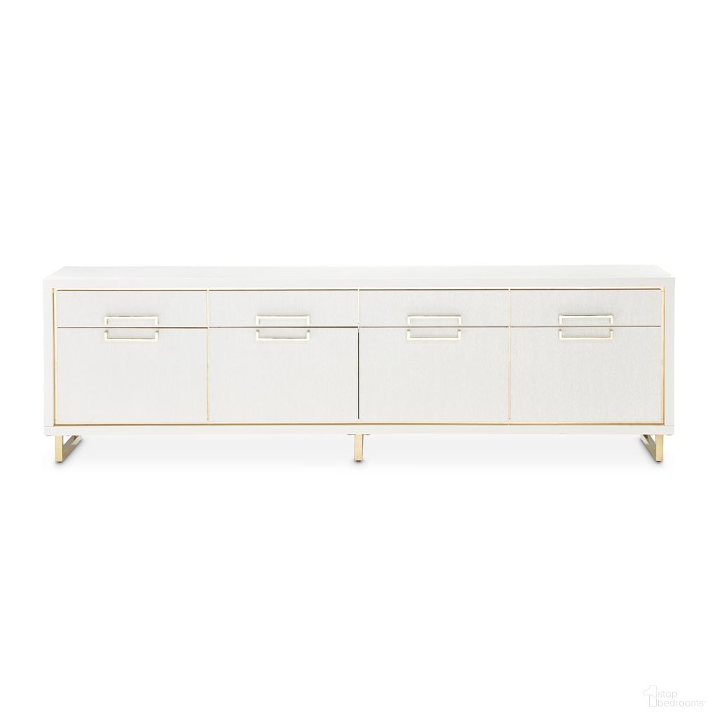 The appearance of Palm Gate Media Cabinet In Cloud White designed by Michael Amini in the modern / contemporary interior design. This cloud white piece of furniture  was selected by 1StopBedrooms from Palm Gate Collection to add a touch of cosiness and style into your home. Sku: N9086081-108. Material: Wood.
