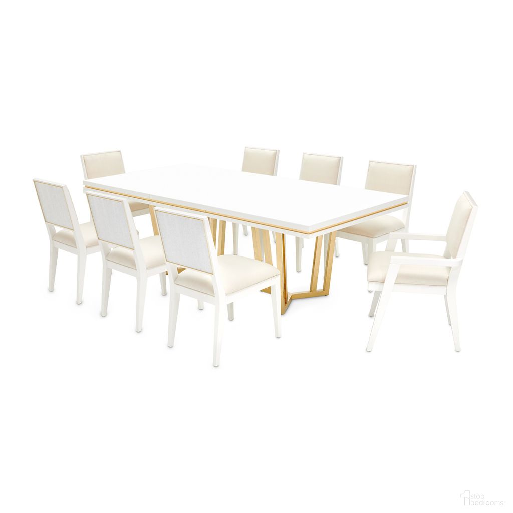 The appearance of Palm Gate Rectangular Dining Room Set In Cloud White designed by Michael Amini in the modern / contemporary interior design. This cloud white piece of furniture was selected by 1StopBedrooms from Palm Gate Collection to add a touch of cosiness and style into your home. Sku: N9086000T-108;N9086000B-806;N9086003-108. Table Base Style: Double Pedestal. Material: Wood. Table Top Shape: Rectangular.