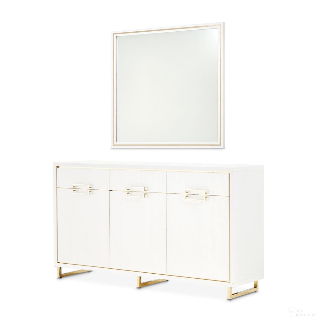 The appearance of Palm Gate Sideboard with Mirror In Cloud White designed by Michael Amini in the modern / contemporary interior design. This cloud white piece of furniture was selected by 1StopBedrooms from Palm Gate Collection to add a touch of cosiness and style into your home. Sku: N9086007-108;N9086260-108. Material: Wood.