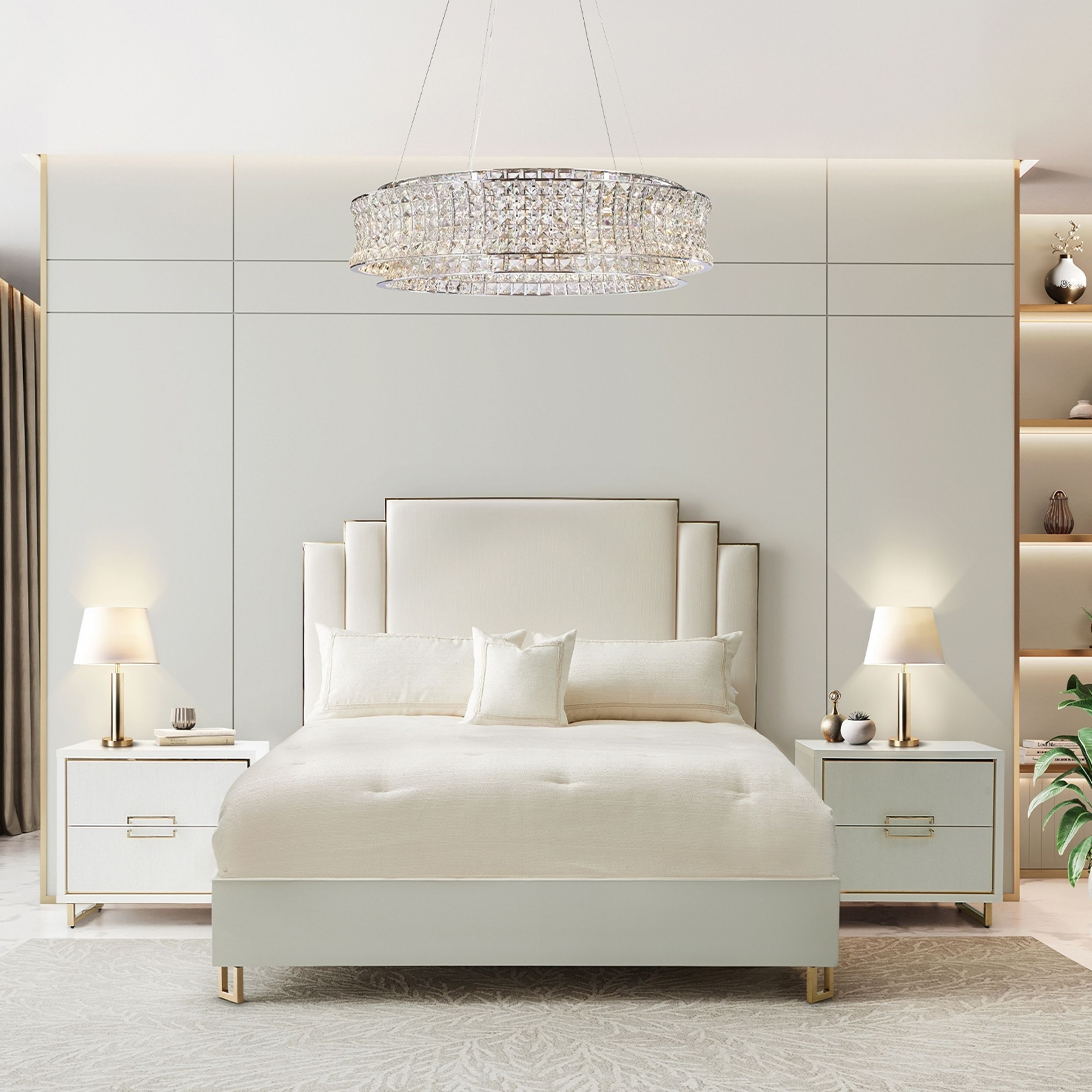 The appearance of Palm Gate Upholstered Bedroom Set In Cloud White designed by Michael Amini in the modern / contemporary interior design. This cloud white piece of furniture was selected by 1StopBedrooms from Palm Gate Collection to add a touch of cosiness and style into your home. Sku: N9086012-108;N9086132-108;9000238-00;N9086040-108. Material: Wood. Bed Size: Queen.
