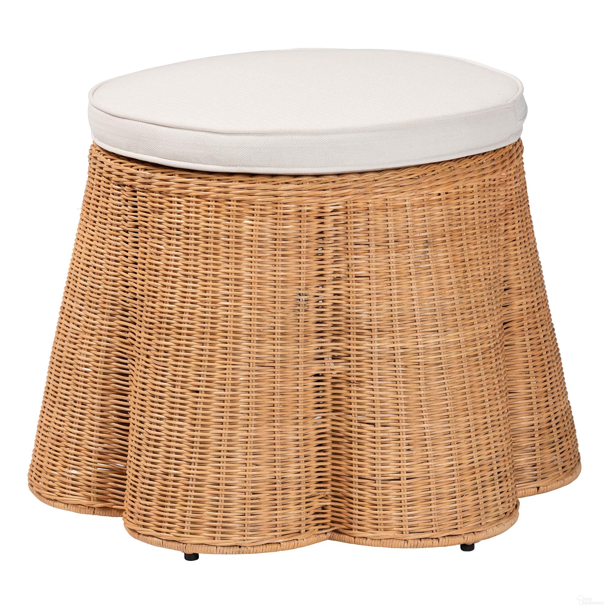 Palm Scallop Natural Rattan 26 Inch Round Ottoman with Cushion In Light Honey