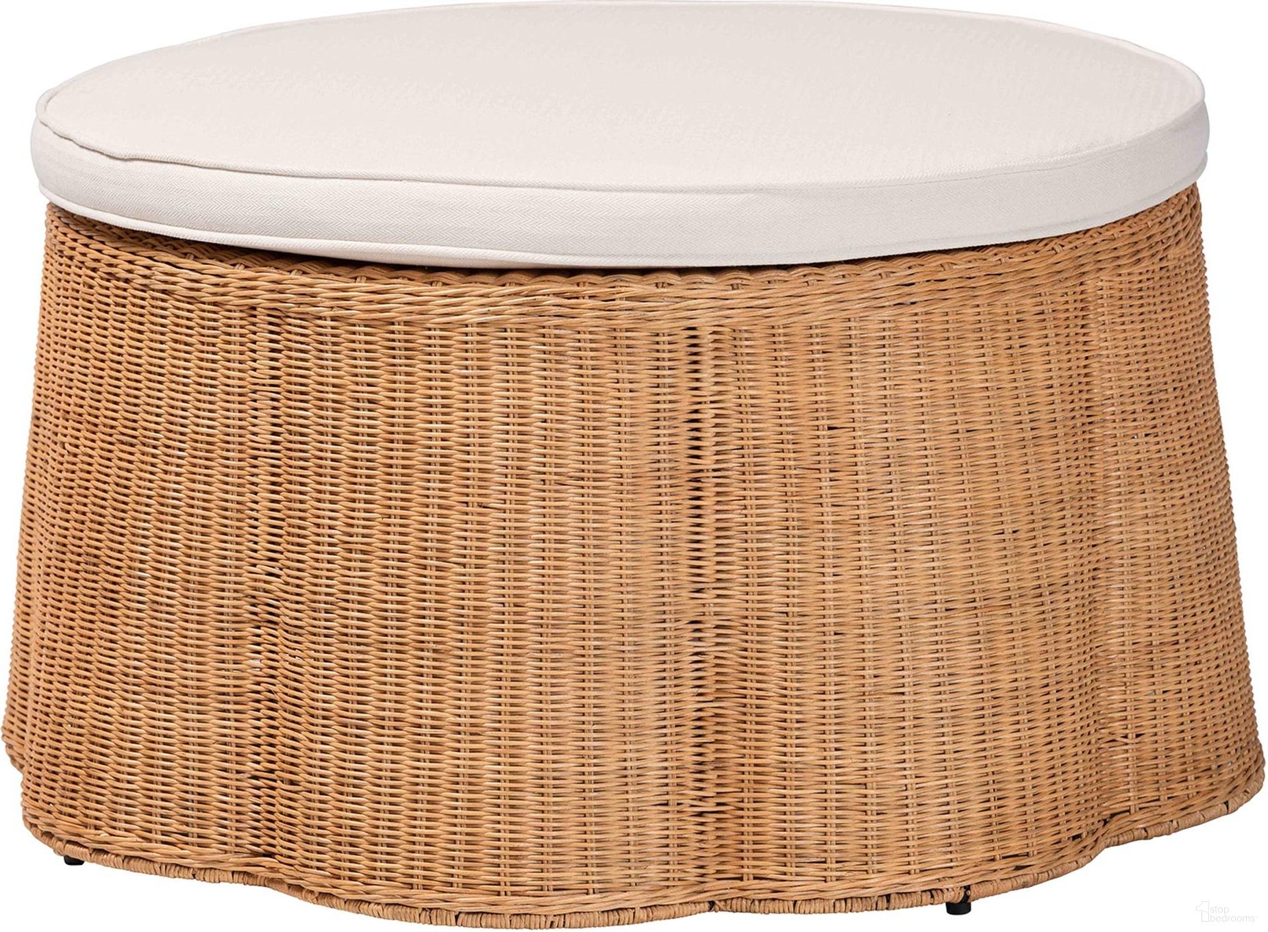 The appearance of Palm Scallop Natural Rattan 32 Inch Round Ottoman with Cushion In Light Honey designed by Baxton Studio in the bohemian interior design. This light honey piece of furniture was selected by 1StopBedrooms from Palm Collection to add a touch of cosiness and style into your home. Sku: Palm-Light Honey Rattan-90cm Round Ottoman w/Cushion. Material: Natural Rattan.