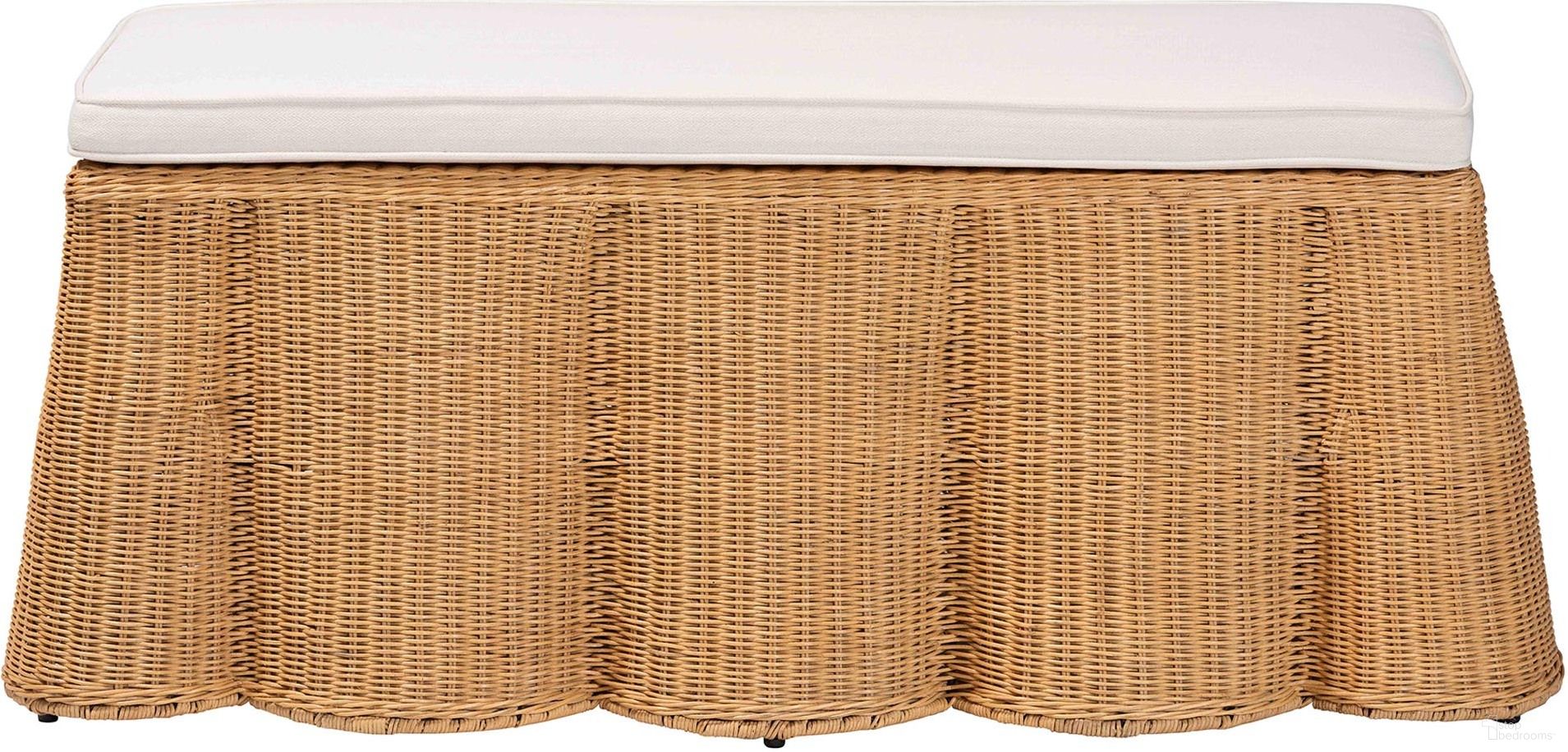 The appearance of Palm Scallop Natural Rattan Rectangle Ottoman with Cushion In Light Honey designed by Baxton Studio in the bohemian interior design. This light honey piece of furniture was selected by 1StopBedrooms from Palm Collection to add a touch of cosiness and style into your home. Sku: Palm-Light Honey Rattan-Rectangle Ottoman w/ Cushion. Material: Natural Rattan.