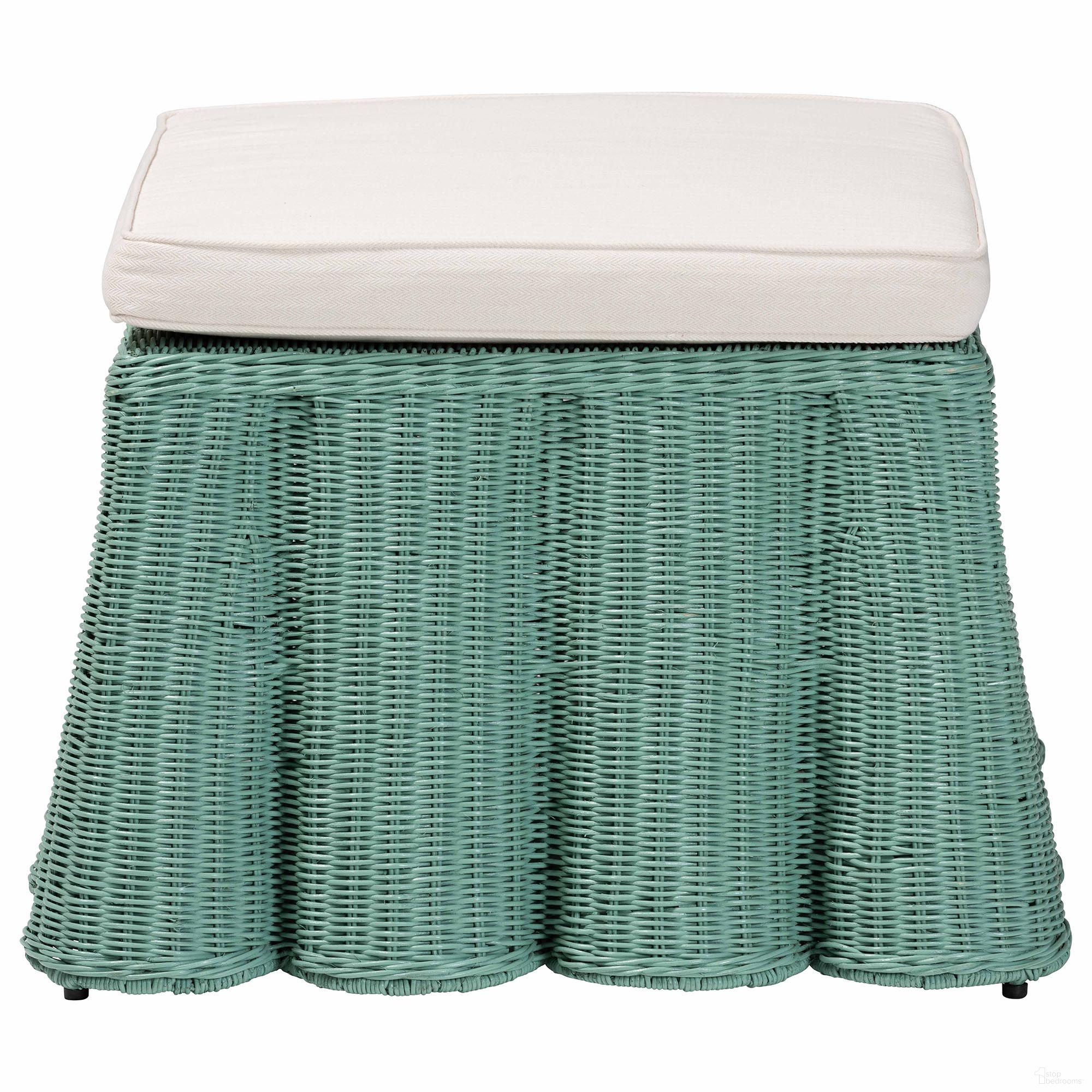 The appearance of Palm Scallop Rattan Ottoman In Seafoam designed by Baxton Studio in the bohemian interior design. This seafoam piece of furniture  was selected by 1StopBedrooms from Palm Collection to add a touch of cosiness and style into your home. Sku: Palm-Green Rattan-Ottoman w/ Cushion. Material: Natural Rattan.