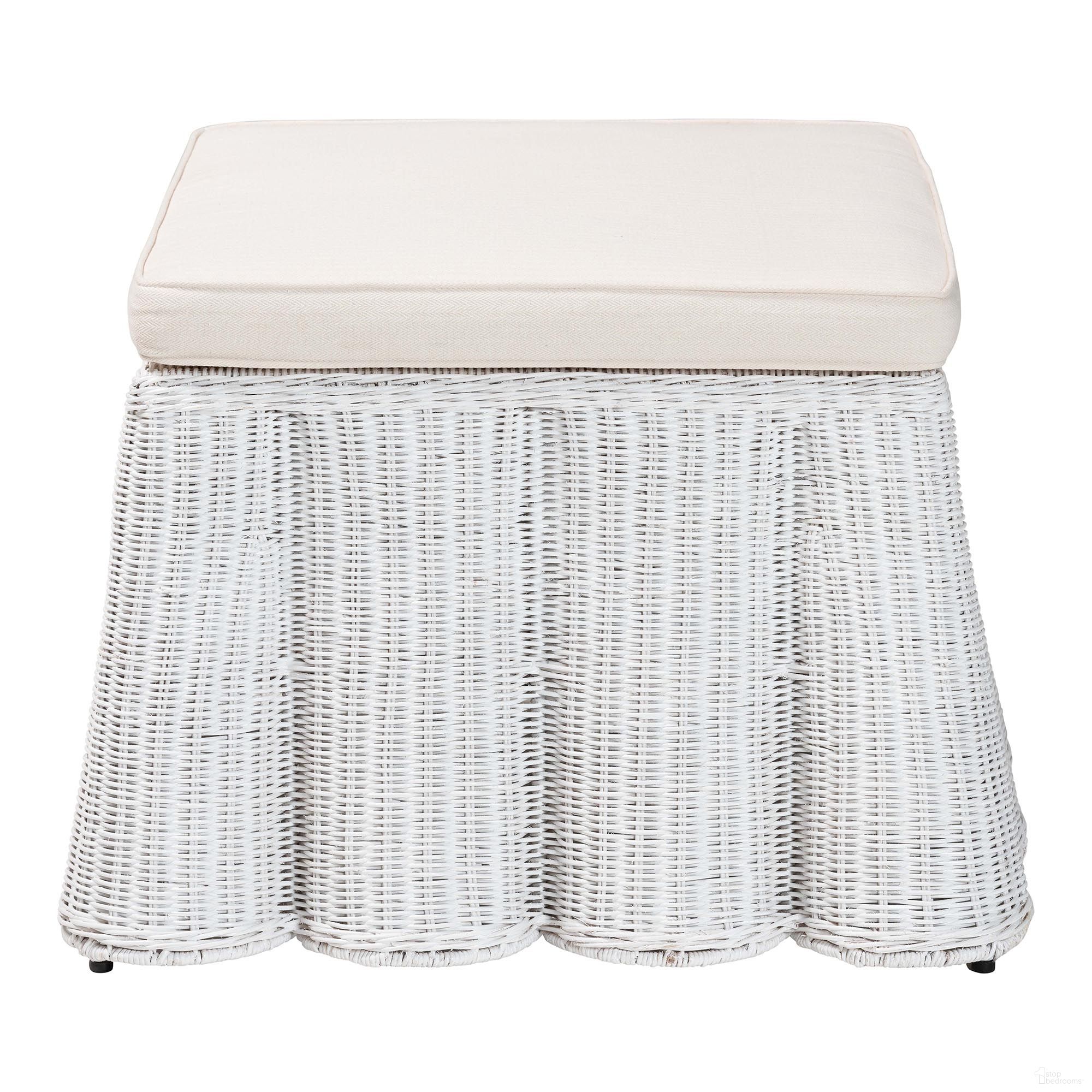 The appearance of Palm Scallop Rattan Ottoman In White designed by Baxton Studio in the bohemian interior design. This white piece of furniture was selected by 1StopBedrooms from Palm Collection to add a touch of cosiness and style into your home. Sku: Palm-White Rattan-Ottoman w/ Cushion. Material: Natural Rattan.