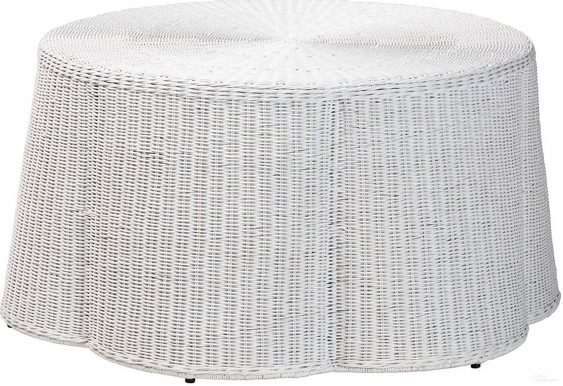 The appearance of Palm Scalloped Natural Rattan Coffee Table In Chalky White designed by Baxton Studio in the bohemian interior design. This chalky white piece of furniture  was selected by 1StopBedrooms from Palm Collection to add a touch of cosiness and style into your home. Sku: Palm-White Rattan-Coffee Table. Material: Natural Rattan.