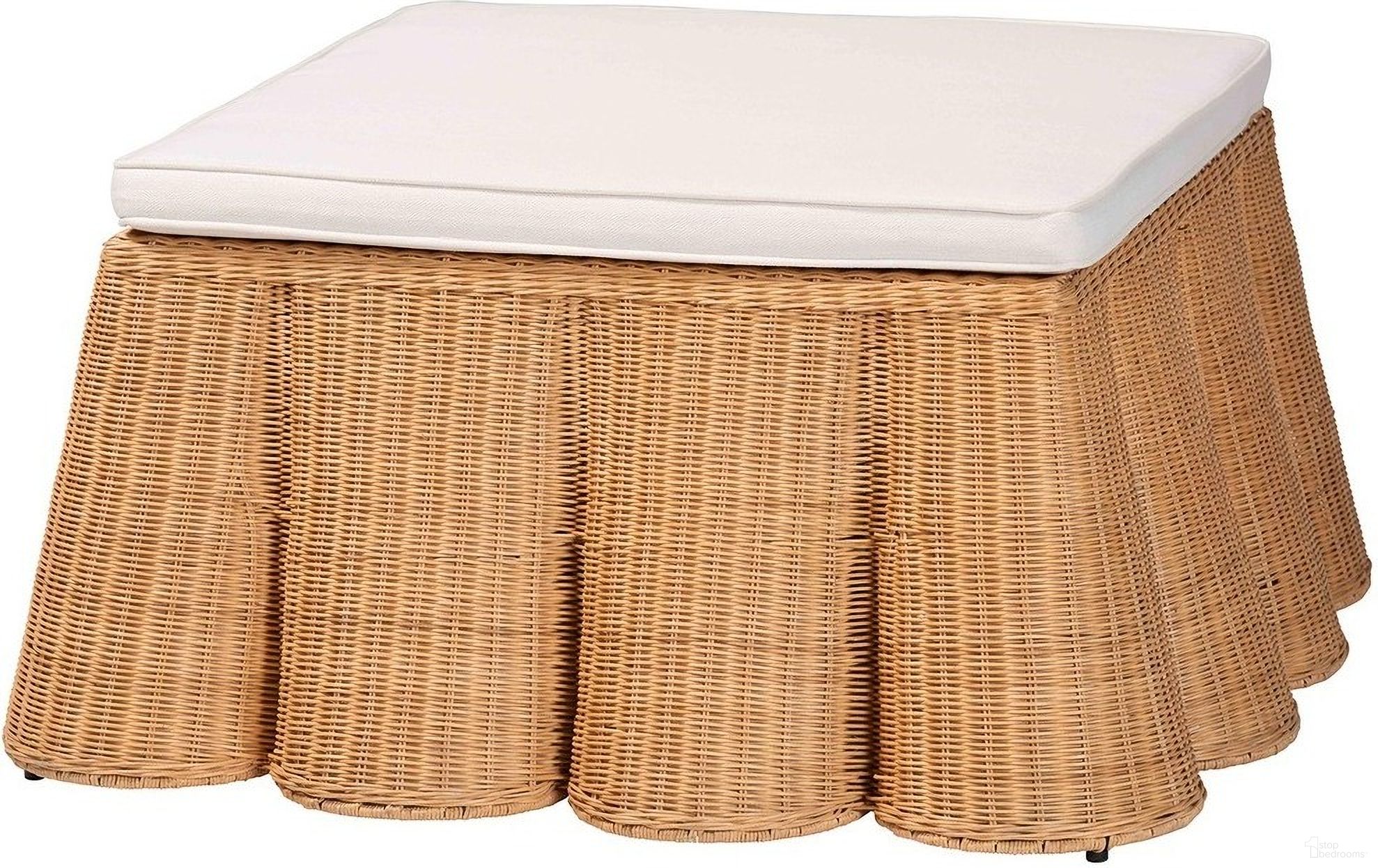 The appearance of Palm Scalloped Rattan Ottoman with Cushion In Light Honey designed by Baxton Studio in the bohemian interior design. This light honey piece of furniture  was selected by 1StopBedrooms from Palm Collection to add a touch of cosiness and style into your home. Sku: Palm-Light Honey Rattan-35 Ottoman w Cushion. Material: Metal.