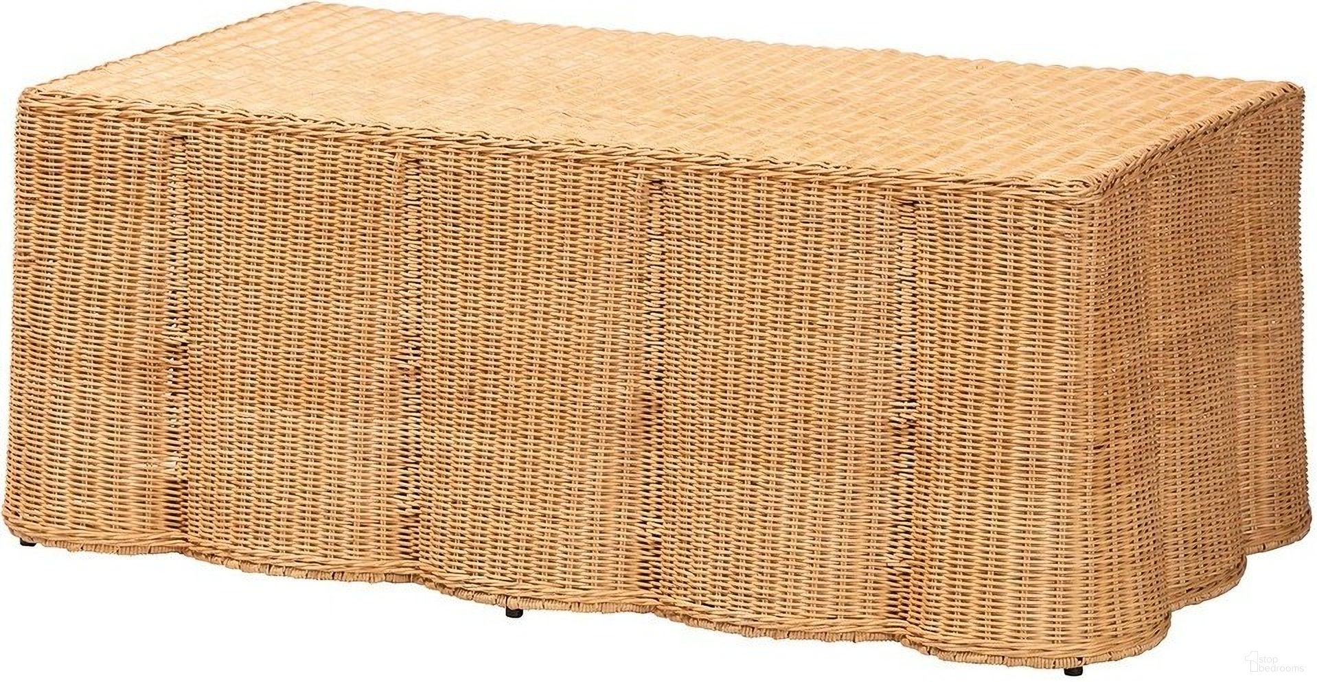 Palm Scalloped Rattan Rectangular Coffee Table In Light Honey