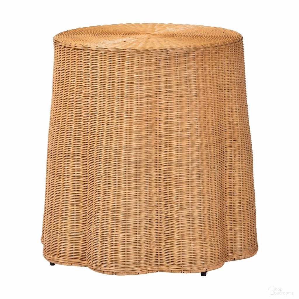 Palm Scalloped Rattan Round Console Table In Honey