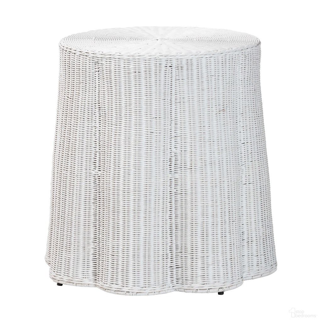 The appearance of Palm Scalloped Rattan Round Console Table In White designed by Baxton Studio in the bohemian interior design. This white piece of furniture  was selected by 1StopBedrooms from Palm Collection to add a touch of cosiness and style into your home. Sku: Palm-White Rattan Round-Console Table. Material: Natural Rattan.