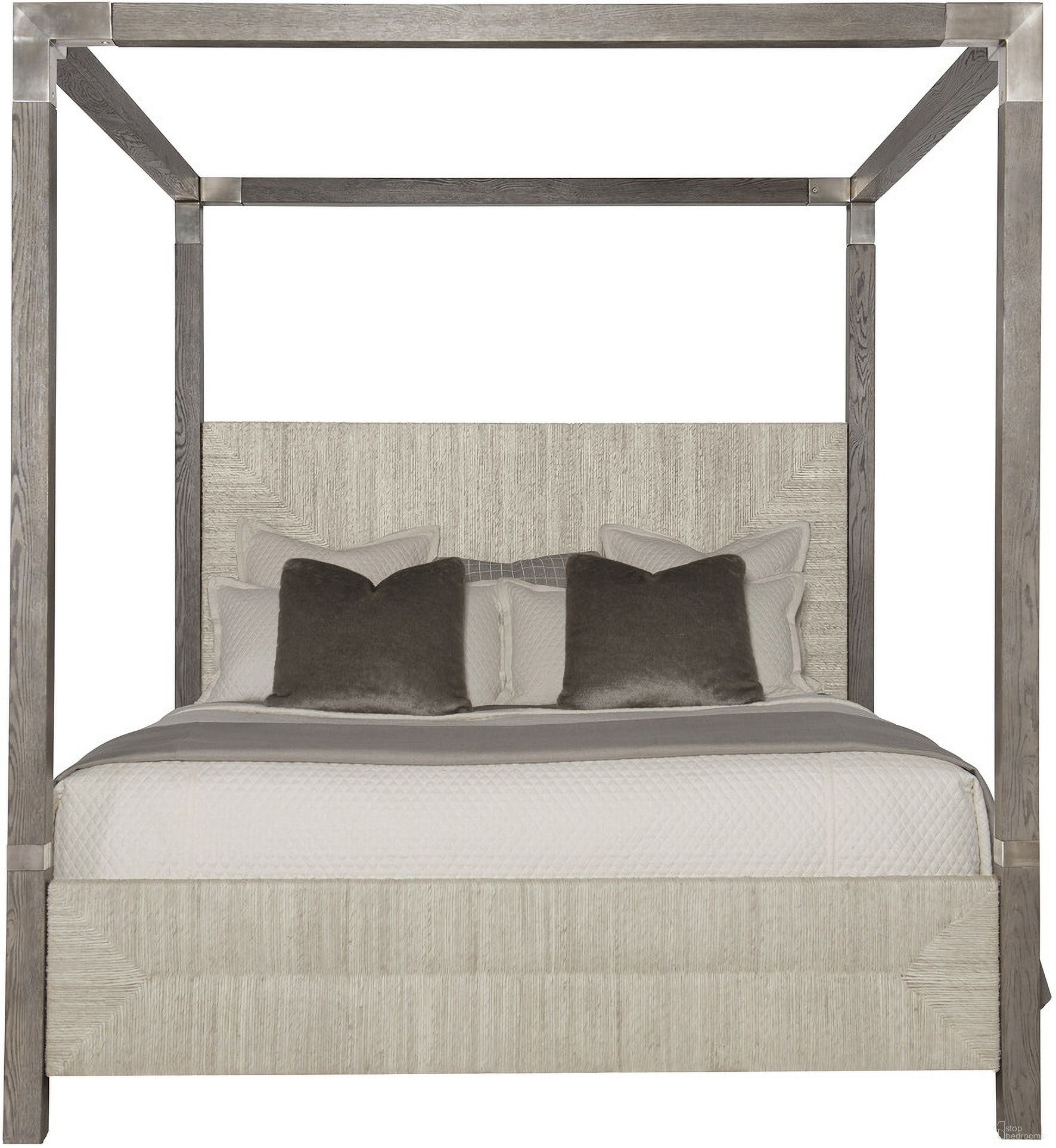 The appearance of Palma King Canopy Bed designed by Bernhardt in the modern / contemporary interior design. This rustic/light gray wash/tarnish nickel piece of furniture was selected by 1StopBedrooms from Palma Collection to add a touch of cosiness and style into your home. Sku: 369HF59;369MTL;369P59;369R59. Bed Type: Canopy Bed. Material: Steel. Bed Size: King.