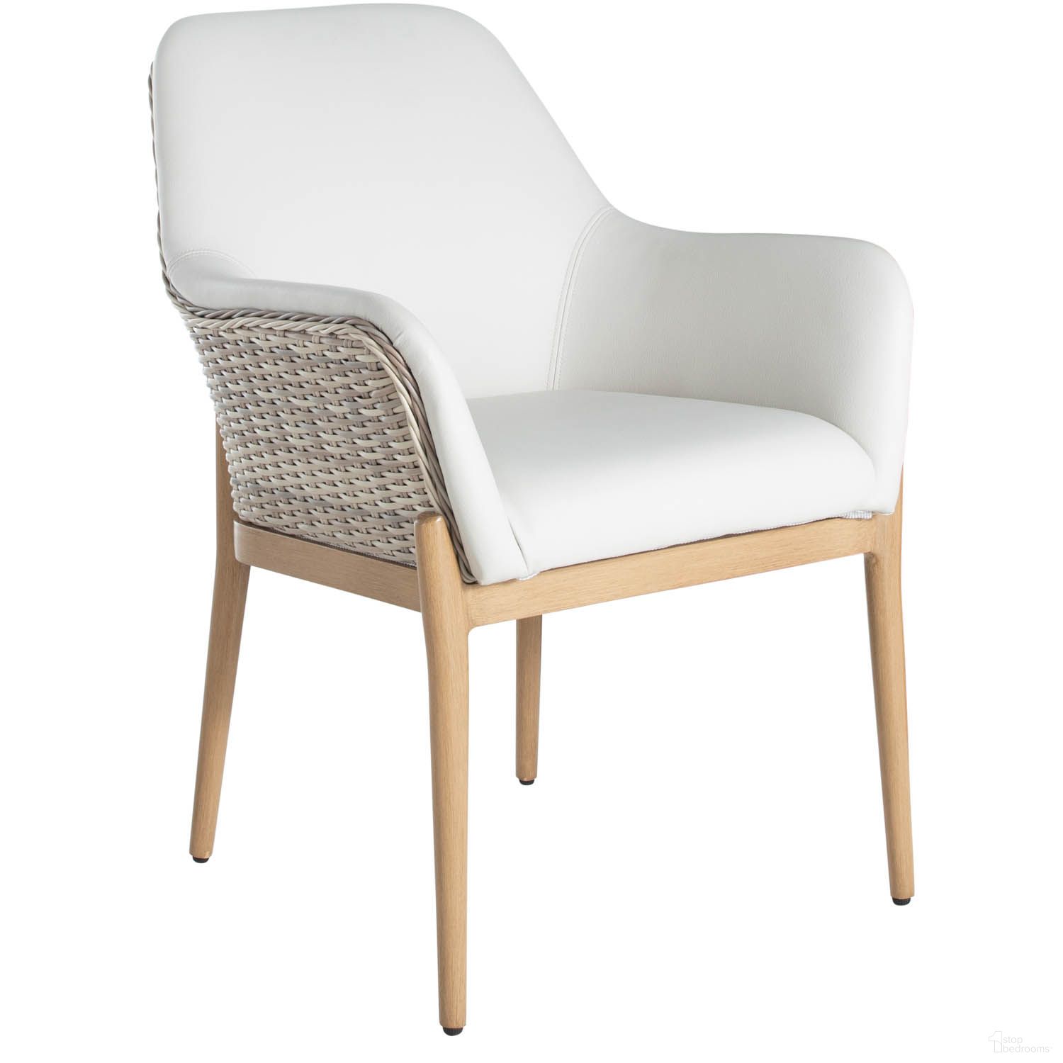 The appearance of Palma Vinyl Arm Chair In Natural and Linen Wicker designed by Summer Classics in the transitional interior design. This natural/linen wicker piece of furniture was selected by 1StopBedrooms from Palma Collection to add a touch of cosiness and style into your home. Sku: 1402129. Material: Wicker.