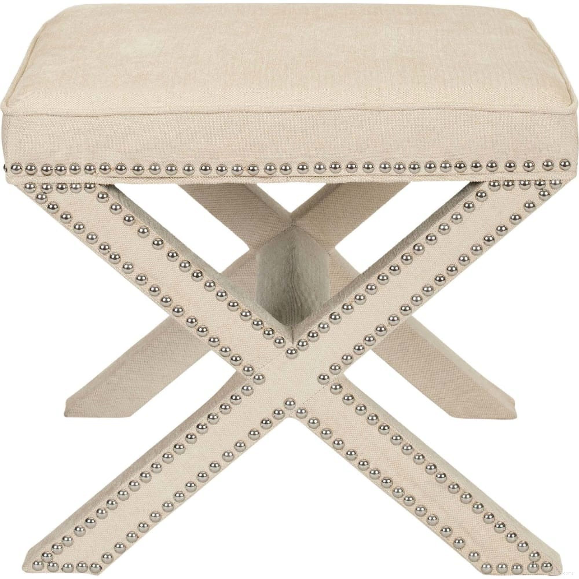 The appearance of Palmer Taupe Ottoman with Silver Nailhead Detail designed by Safavieh in the modern / contemporary interior design. This taupe piece of furniture was selected by 1StopBedrooms from Palmer Collection to add a touch of cosiness and style into your home. Sku: MCR4589A. Material: Stainless Steel.
