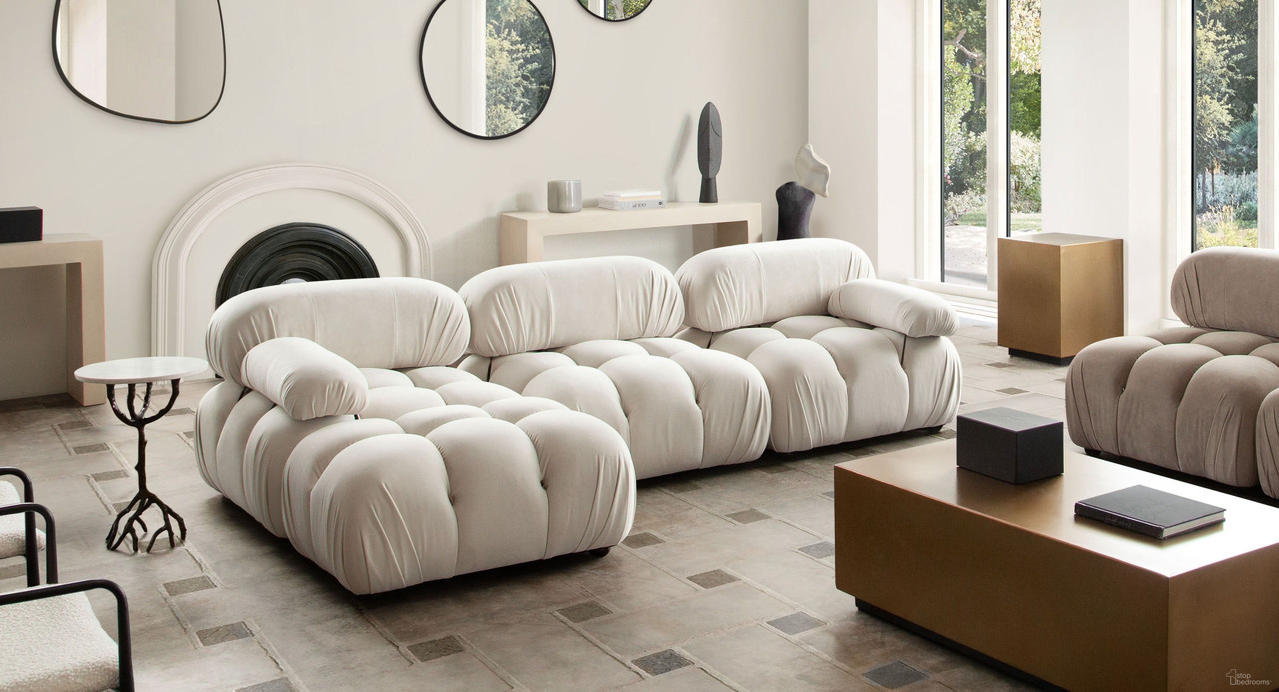 The appearance of Paloma 4Pc Modular 111 Inch Reversible Chaise Sectional In Light Cream Velvet designed by Diamond Sofa in the modern / contemporary interior design. This cream piece of furniture  was selected by 1StopBedrooms from Paloma Collection to add a touch of cosiness and style into your home. Sku: PALOMALCCM;PALOMAACCM;PALOMARCCM;PALOMAOTCM. Material: Velvet. Layout: Modular.