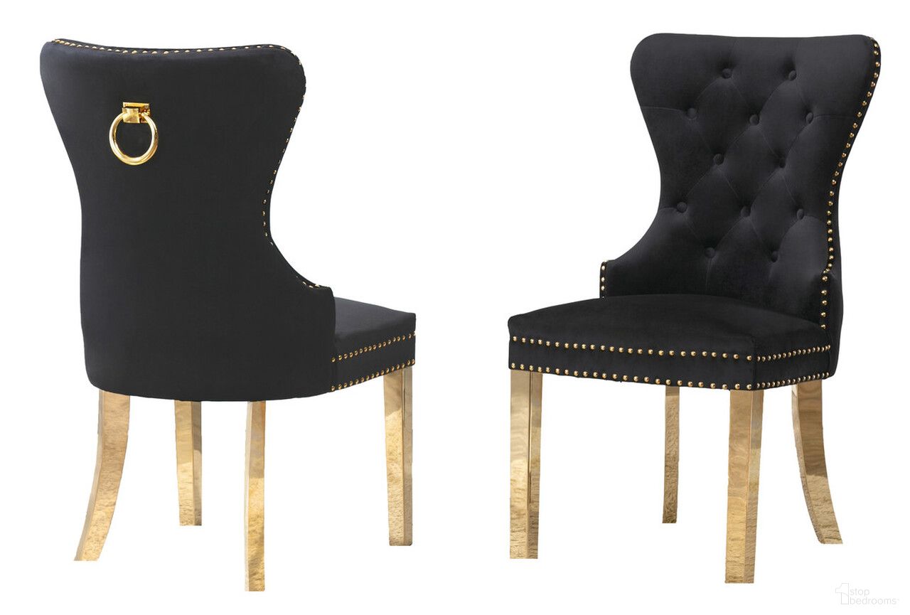 The appearance of Pam Double Tufted Side Chairs Set of 2 In Black Velvet and Gold Stainless Steel Legs designed by Best Quality Furniture in the transitional interior design. This black and gold piece of furniture was selected by 1StopBedrooms from Pam Collection to add a touch of cosiness and style into your home. Sku: SC117. Material: Velvet. Chair Type: Side Chair.