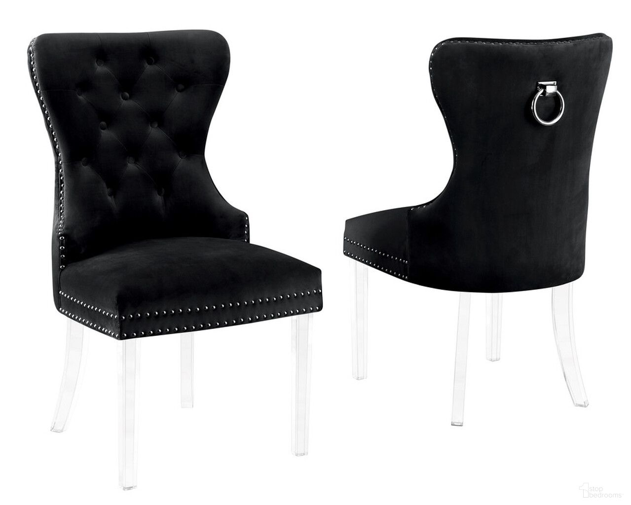 The appearance of Pam Tufted Side Chairs Set of 2 In Black Velvet and Clear Acrylic Legs designed by Best Quality Furniture in the transitional interior design. This black and clear acrylic piece of furniture was selected by 1StopBedrooms from Pam Collection to add a touch of cosiness and style into your home. Sku: SC52. Material: Velvet. Chair Type: Side Chair.