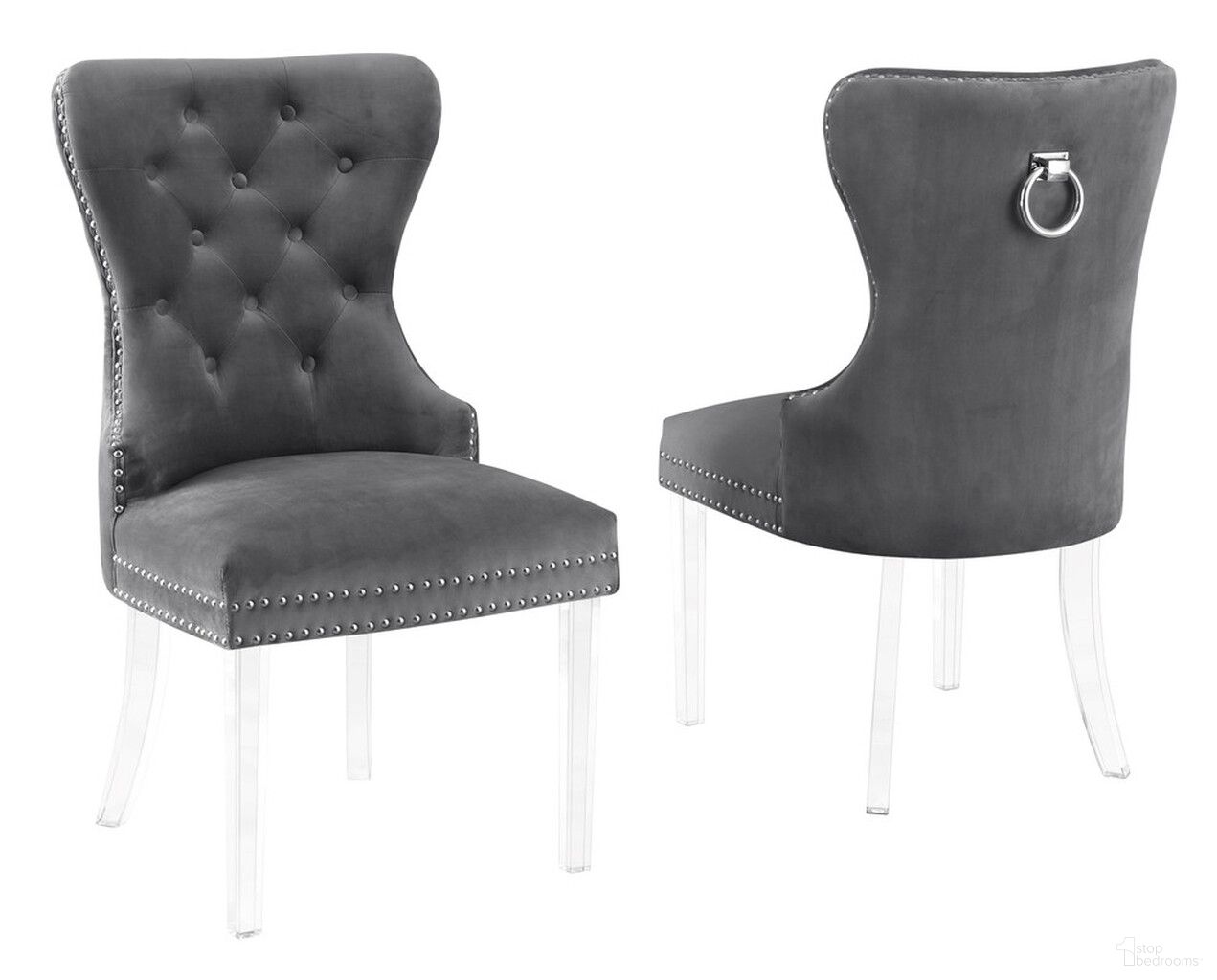 The appearance of Pam Tufted Side Chairs Set of 2 In Dark Gray Velvet and Clear Acrylic Legs designed by Best Quality Furniture in the transitional interior design. This dark gray and clear acrylic piece of furniture  was selected by 1StopBedrooms from Pam Collection to add a touch of cosiness and style into your home. Sku: SC50. Material: Velvet. Chair Type: Side Chair.