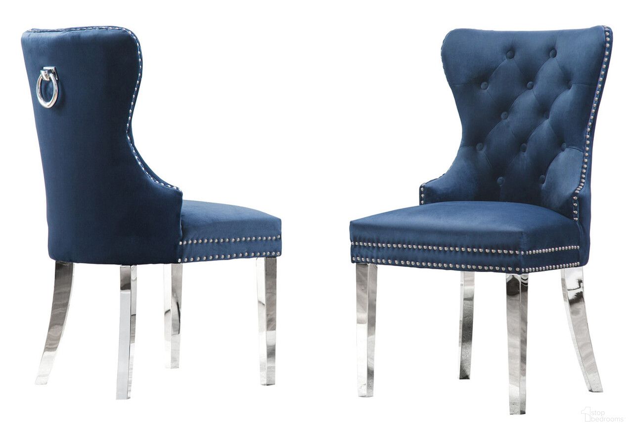 The appearance of Pam Tufted Side Chairs Set of 2 In Navy Blue Velvet and Silver Stainless Steel designed by Best Quality Furniture in the transitional interior design. This navy blue and silver piece of furniture was selected by 1StopBedrooms from Pam Collection to add a touch of cosiness and style into your home. Sku: SC46. Material: Velvet. Chair Type: Side Chair.