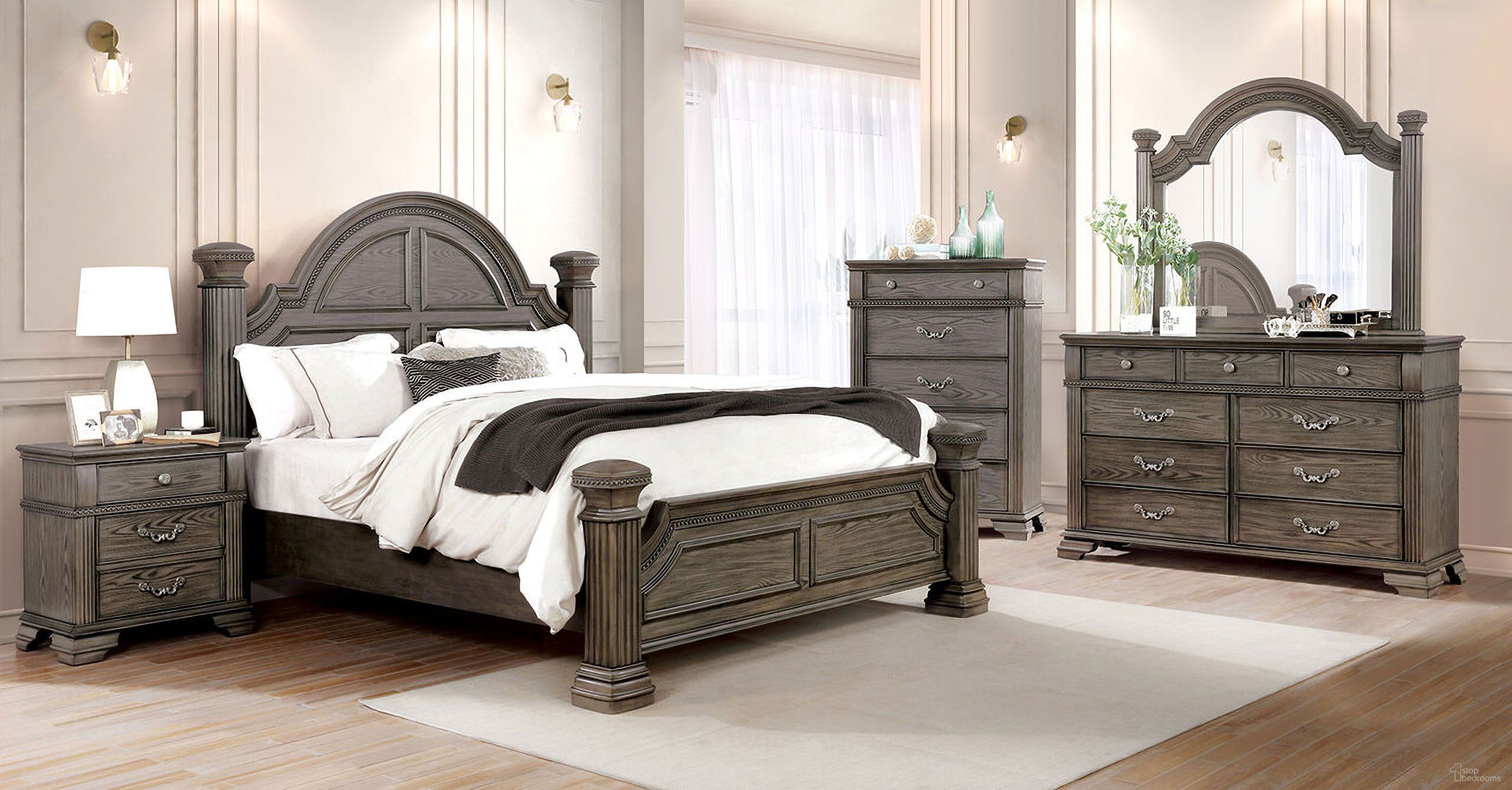 The appearance of Pamphilos Eastern King Bed In Gray designed by Furniture of America in the traditional interior design. This gray piece of furniture was selected by 1StopBedrooms from Pamphilos Collection to add a touch of cosiness and style into your home. Sku: FOA7144GY-K-HBFB;FOA7144GY-EK-R. Bed Type: Poster Bed. Material: Wood. Bed Size: King.