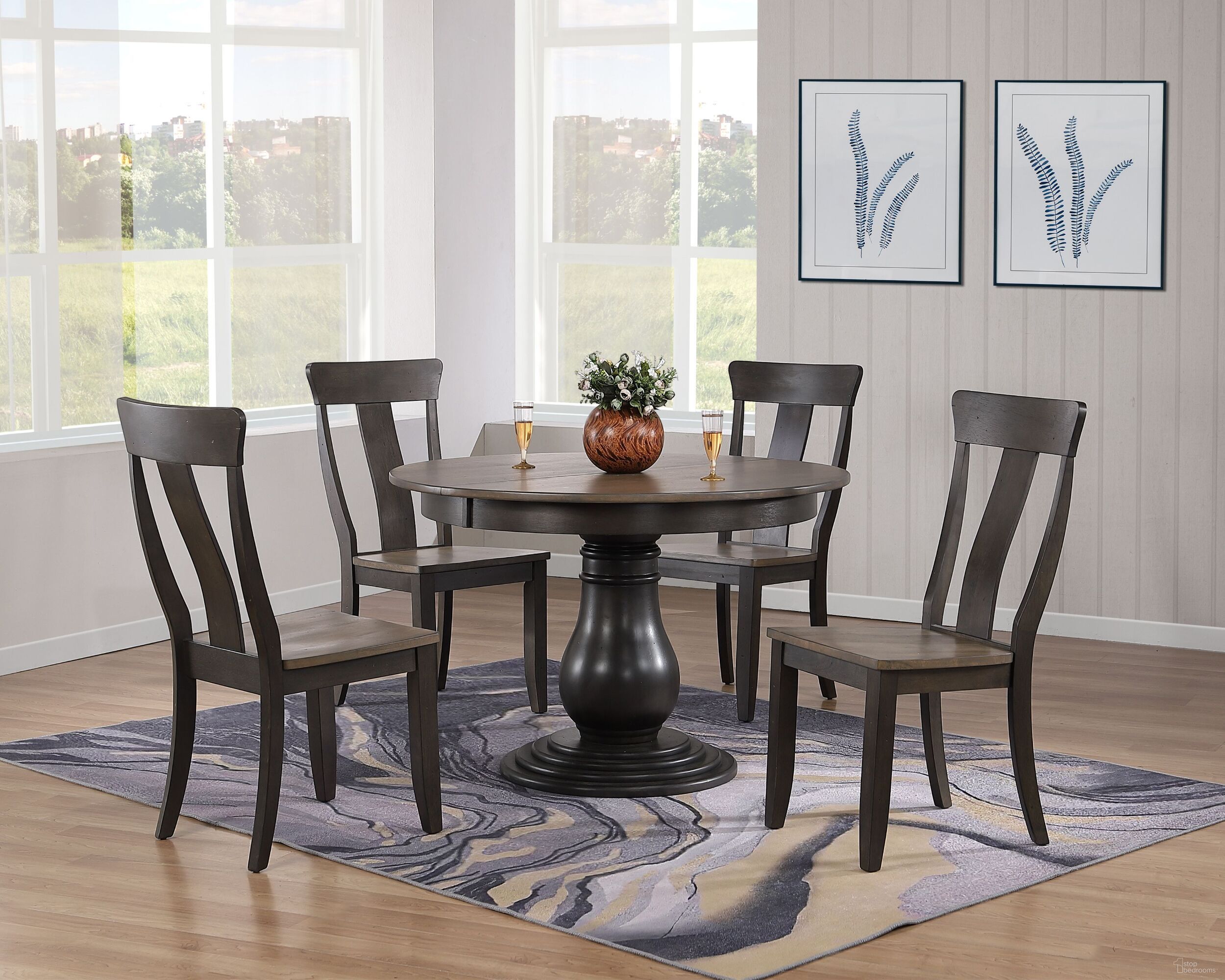 The appearance of Panel Back 5-Piece Bella Dining Set In Grey Stone and Black Stone designed by Iconic Furniture in the transitional interior design. This grey stone and black stone piece of furniture was selected by 1StopBedrooms from Bella Collection to add a touch of cosiness and style into your home. Sku: RD45BELCH57GRSBKS-5PC. Table Base Style: Pedestal. Table Top Shape: Round. Material: Rubberwood.