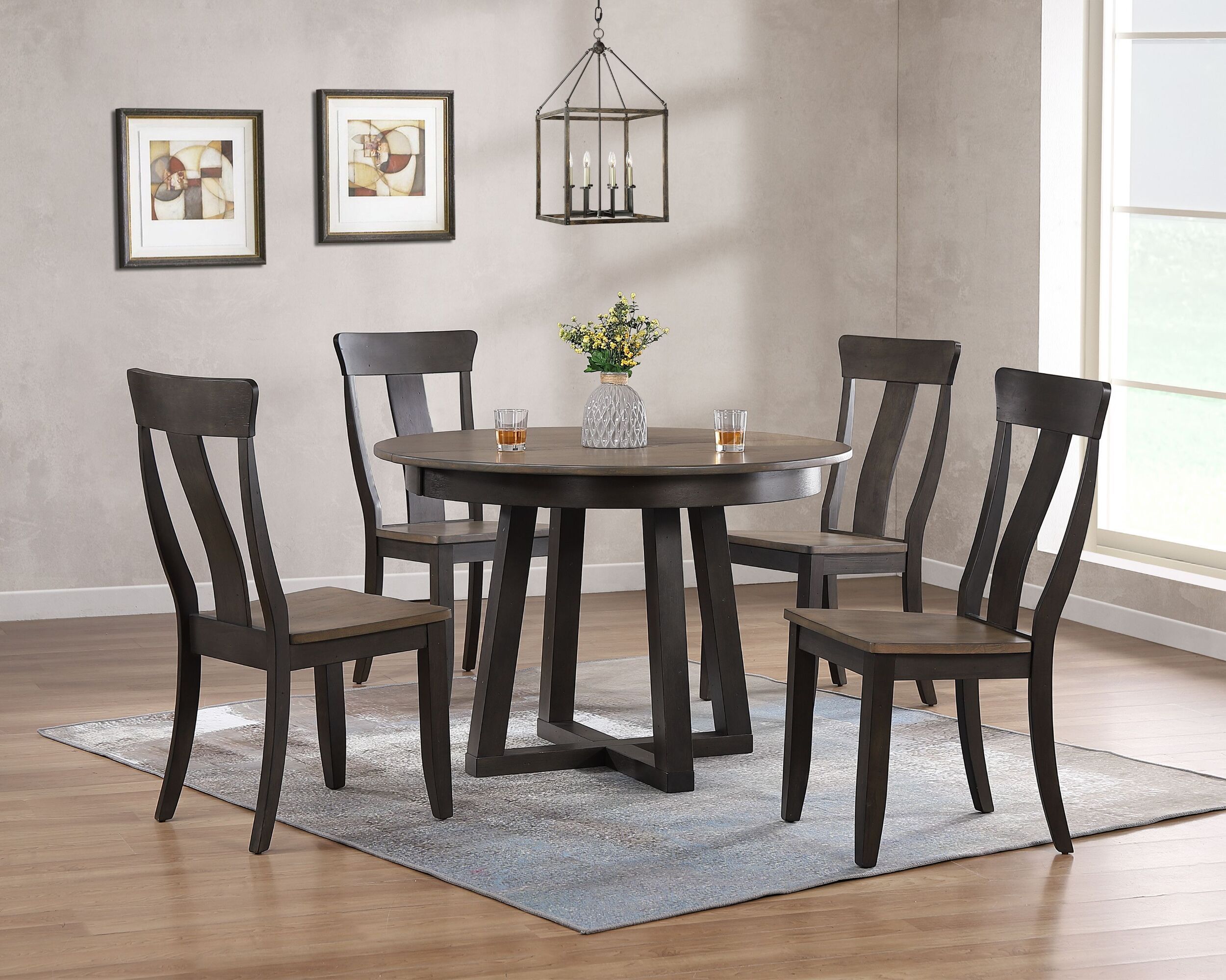 The appearance of Panel Back 5-Piece Cross Pedestal Dining Set In Grey Stone and Black Stone designed by Iconic Furniture in the transitional interior design. This grey stone and black stone piece of furniture  was selected by 1StopBedrooms from Cross Base Collection to add a touch of cosiness and style into your home. Sku: RD45CRSCH57GRSBKS-5PC. Table Base Style: Pedestal. Table Top Shape: Round. Material: Rubberwood.