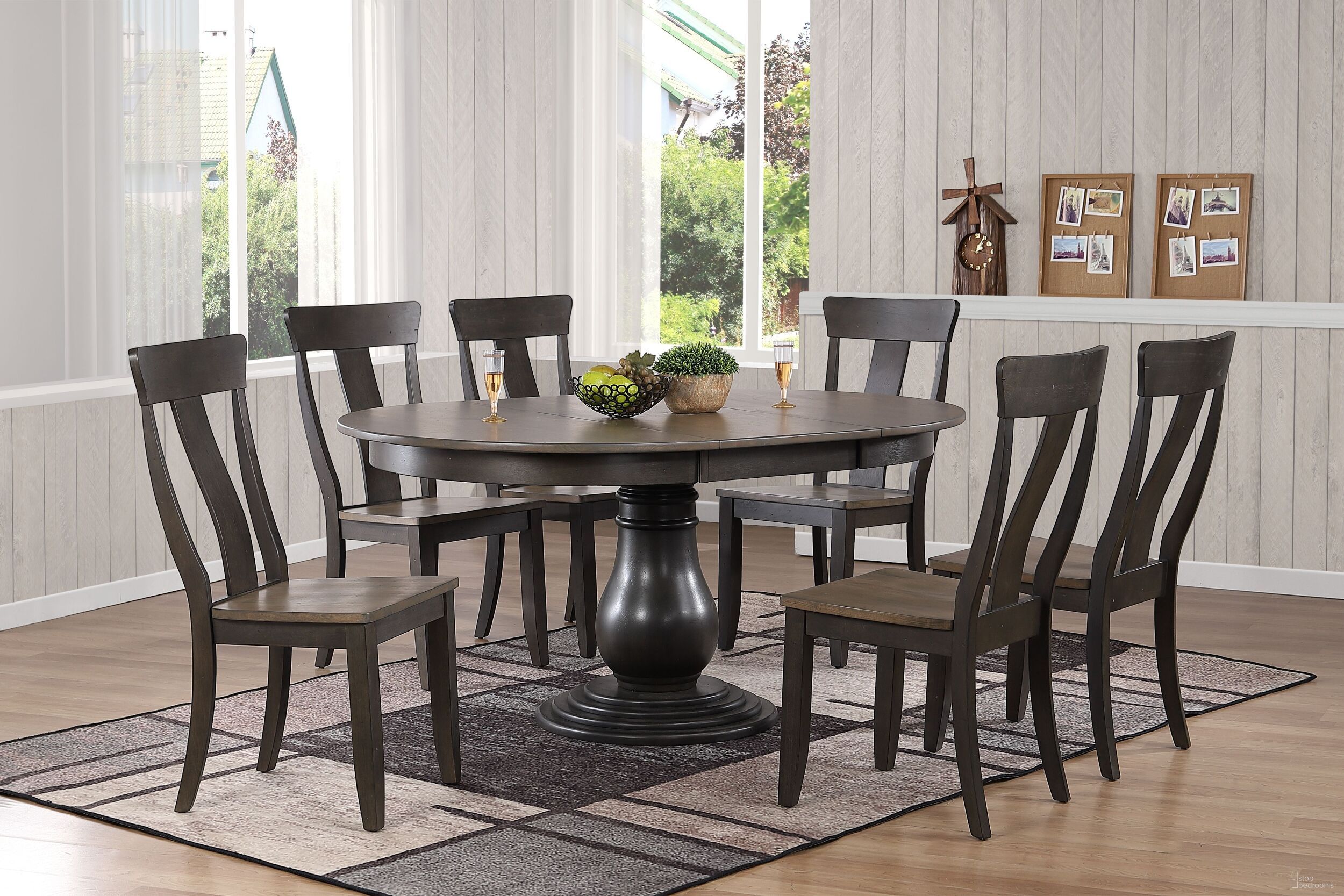 The appearance of Panel Back 7-Piece Bella Dining Set In Grey Stone and Black Stone designed by Iconic Furniture in the transitional interior design. This grey stone and black stone piece of furniture  was selected by 1StopBedrooms from Bella Collection to add a touch of cosiness and style into your home. Sku: RD45BELCH57GRSBKS-7PC. Table Base Style: Pedestal. Table Top Shape: Round. Material: Rubberwood.