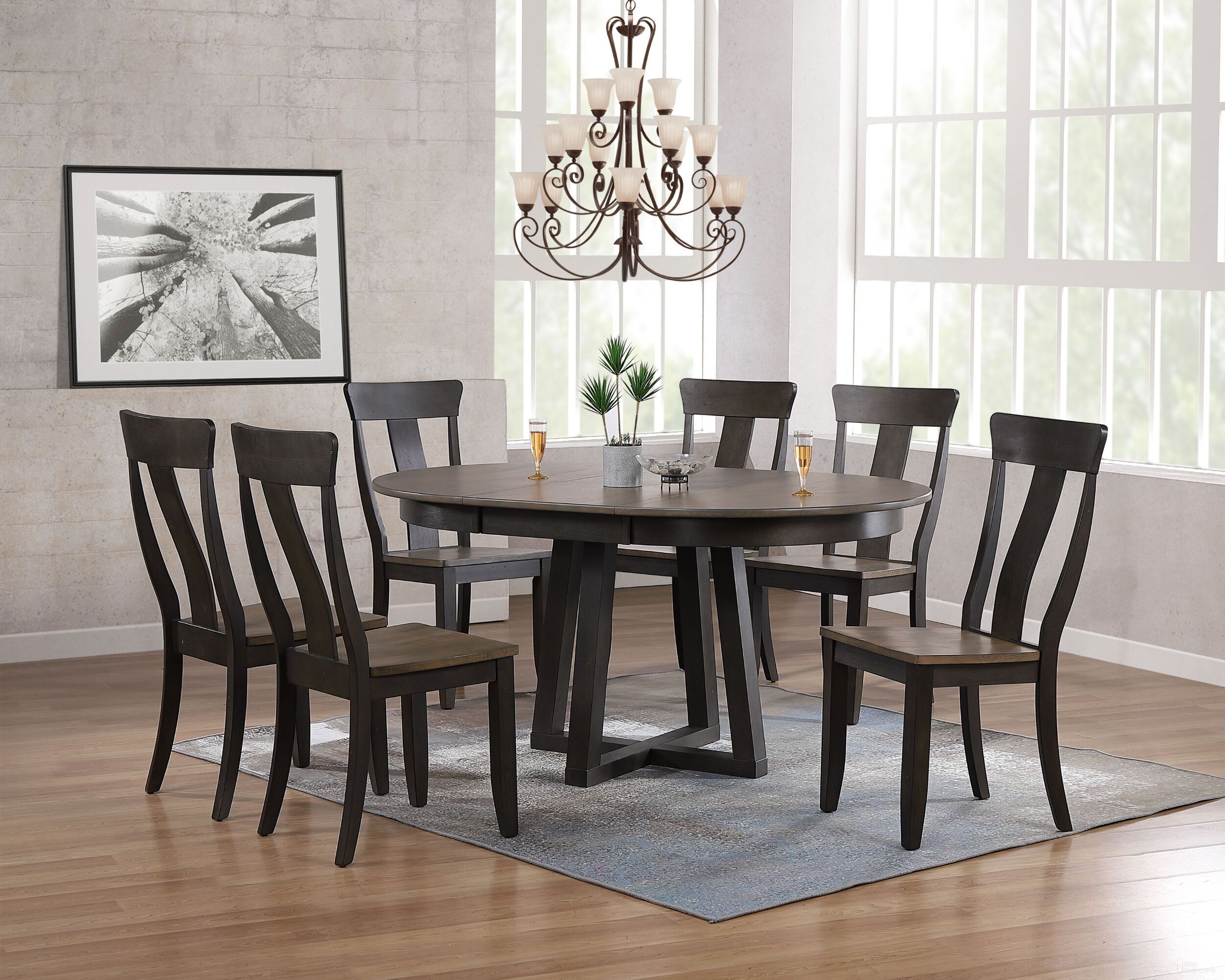The appearance of Panel Back 7-Piece Cross Pedestal Dining Set In Grey Stone and Black Stone designed by Iconic Furniture in the transitional interior design. This grey stone and black stone piece of furniture  was selected by 1StopBedrooms from Cross Base Collection to add a touch of cosiness and style into your home. Sku: RD45CRSCH57GRSBKS-7PC. Table Base Style: Pedestal. Table Top Shape: Round. Material: Rubberwood.