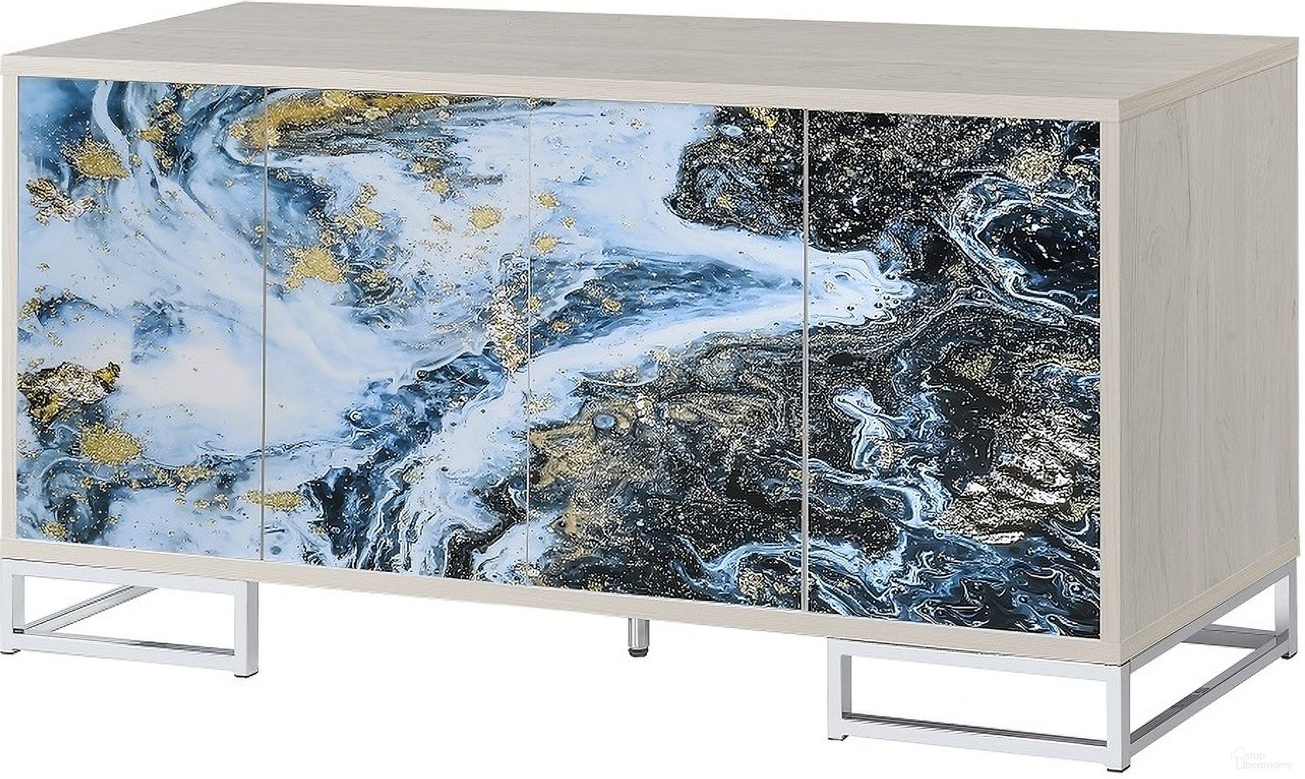 The appearance of Liam Console Cabinet In Blue Marble Print and Chrome designed by ACME in the transitional interior design. This blue piece of furniture was selected by 1StopBedrooms from Liam Collection to add a touch of cosiness and style into your home. Sku: AC02345. Material: Metal.