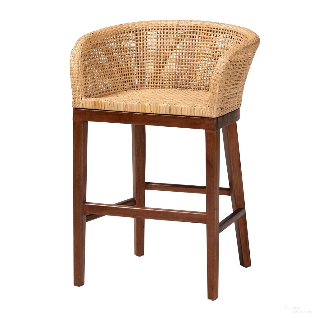 Papua Acacia Wood Counter Stool In Natural Rattan and Walnut Brown