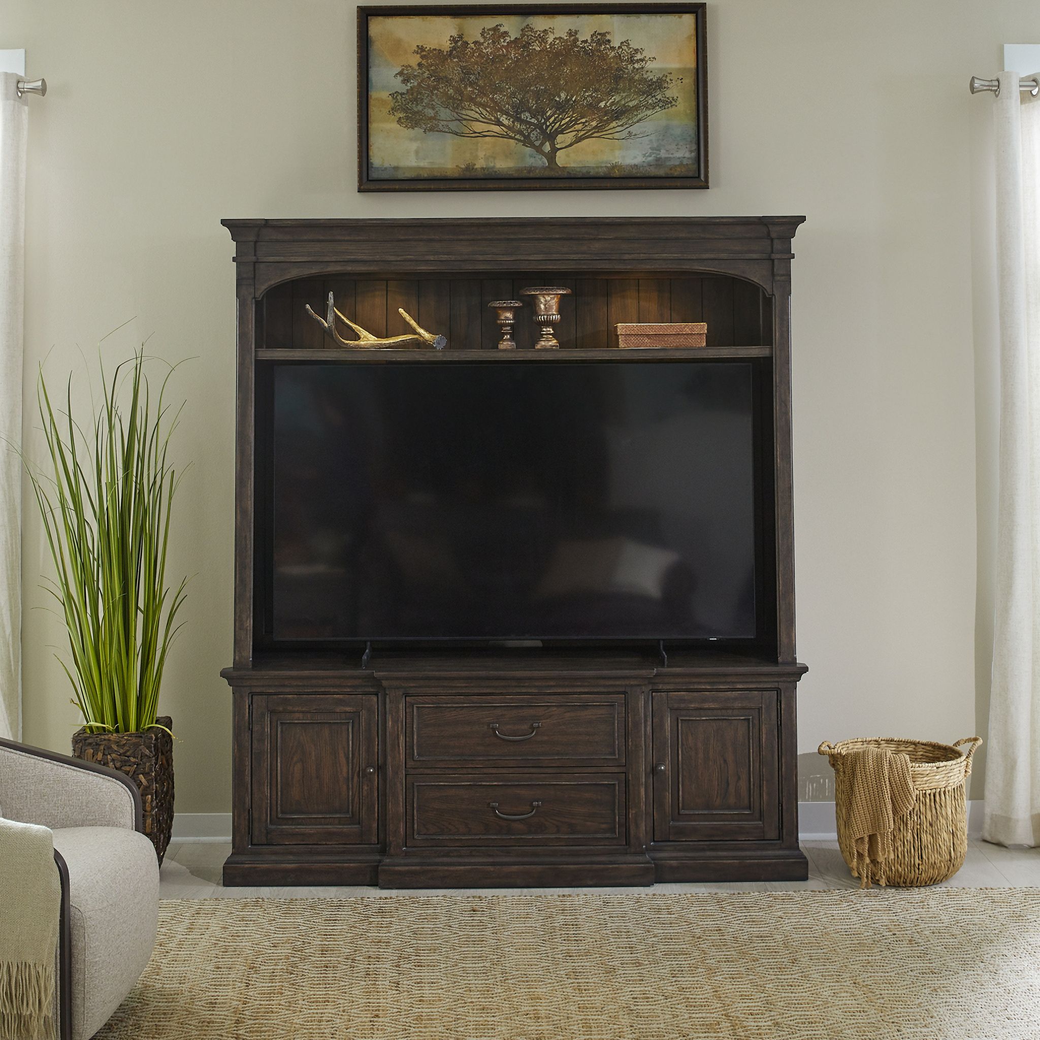The appearance of Paradise Valley Entertainment Hutch In Brown designed by Liberty in the traditional interior design. This brown piece of furniture  was selected by 1StopBedrooms from Paradise Valley Collection to add a touch of cosiness and style into your home. Sku: 297-EC00. Material: Rubberwood.