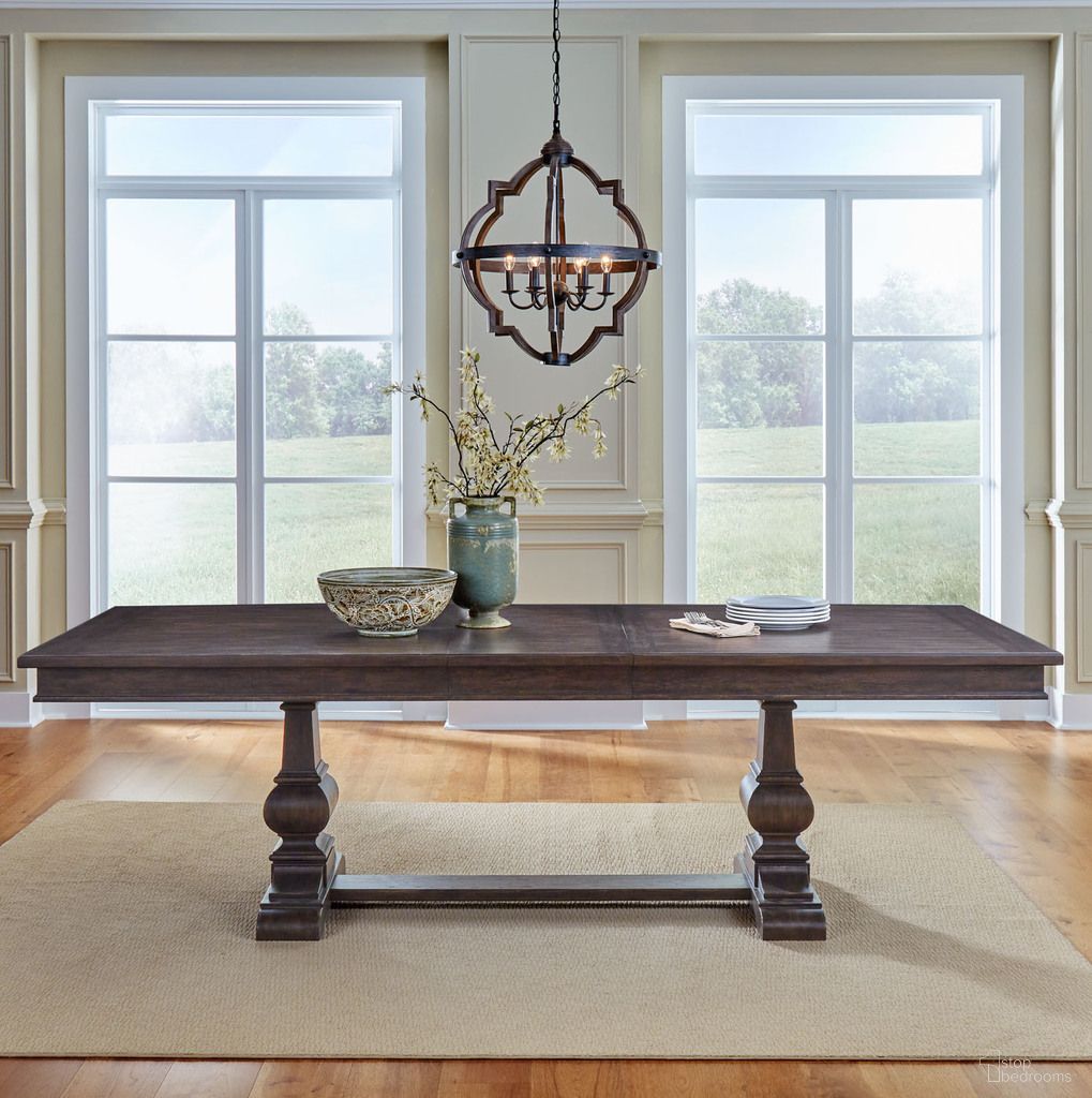 The appearance of Paradise Valley Trestle Table Set In Saddle Brown designed by Liberty in the traditional interior design. This saddle brown piece of furniture was selected by 1StopBedrooms from Paradise Valley Collection to add a touch of cosiness and style into your home. Sku: 297-P4202;297-T4202. Table Base Style: Trestle. Table Top Shape: Rectangular. Material: Rubberwood. Size: 102" x 42".