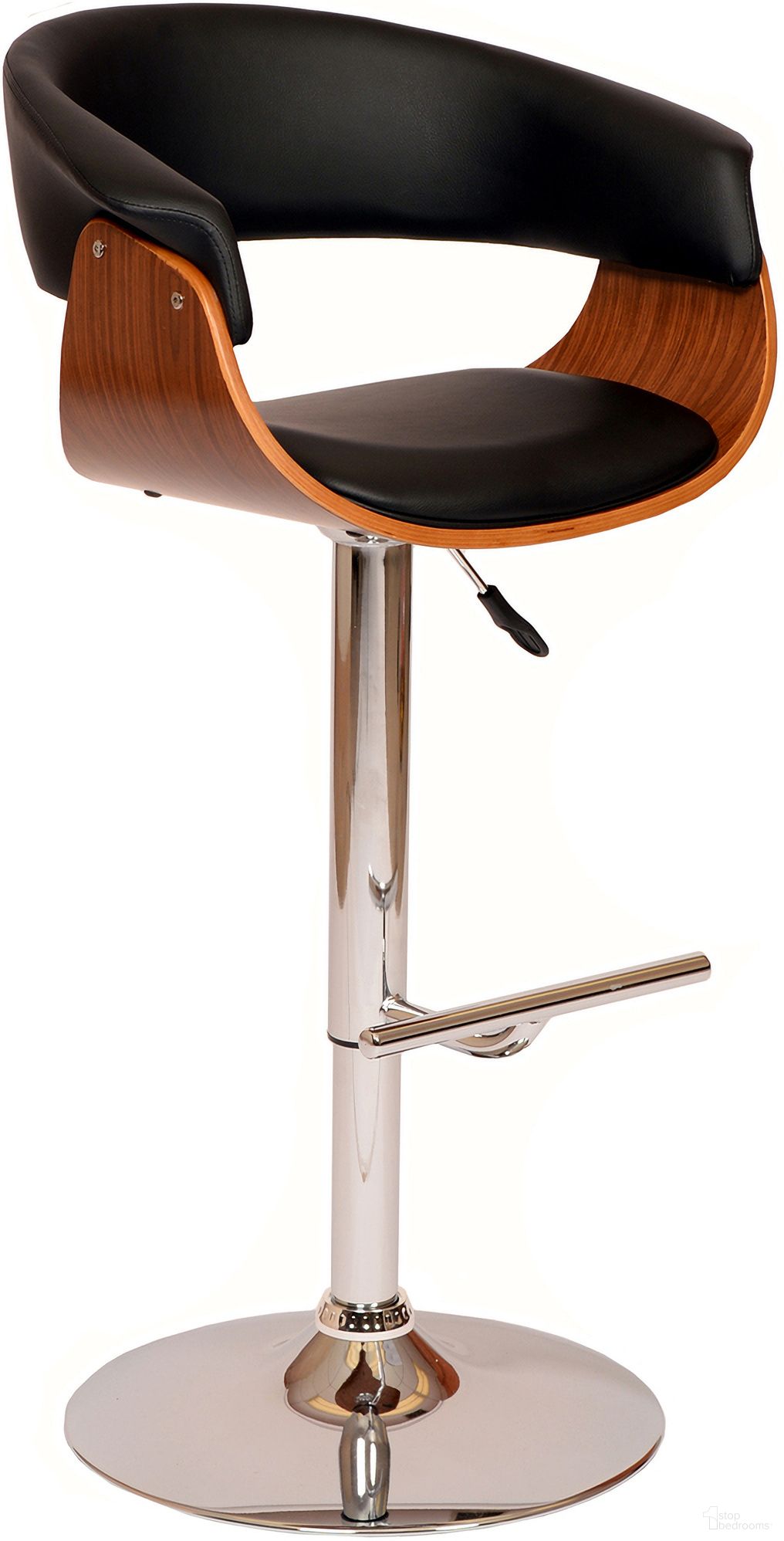 Paris Black Faux Leather Adjustable Height Swivel Walnut Wood and Chrome Bar Stool
