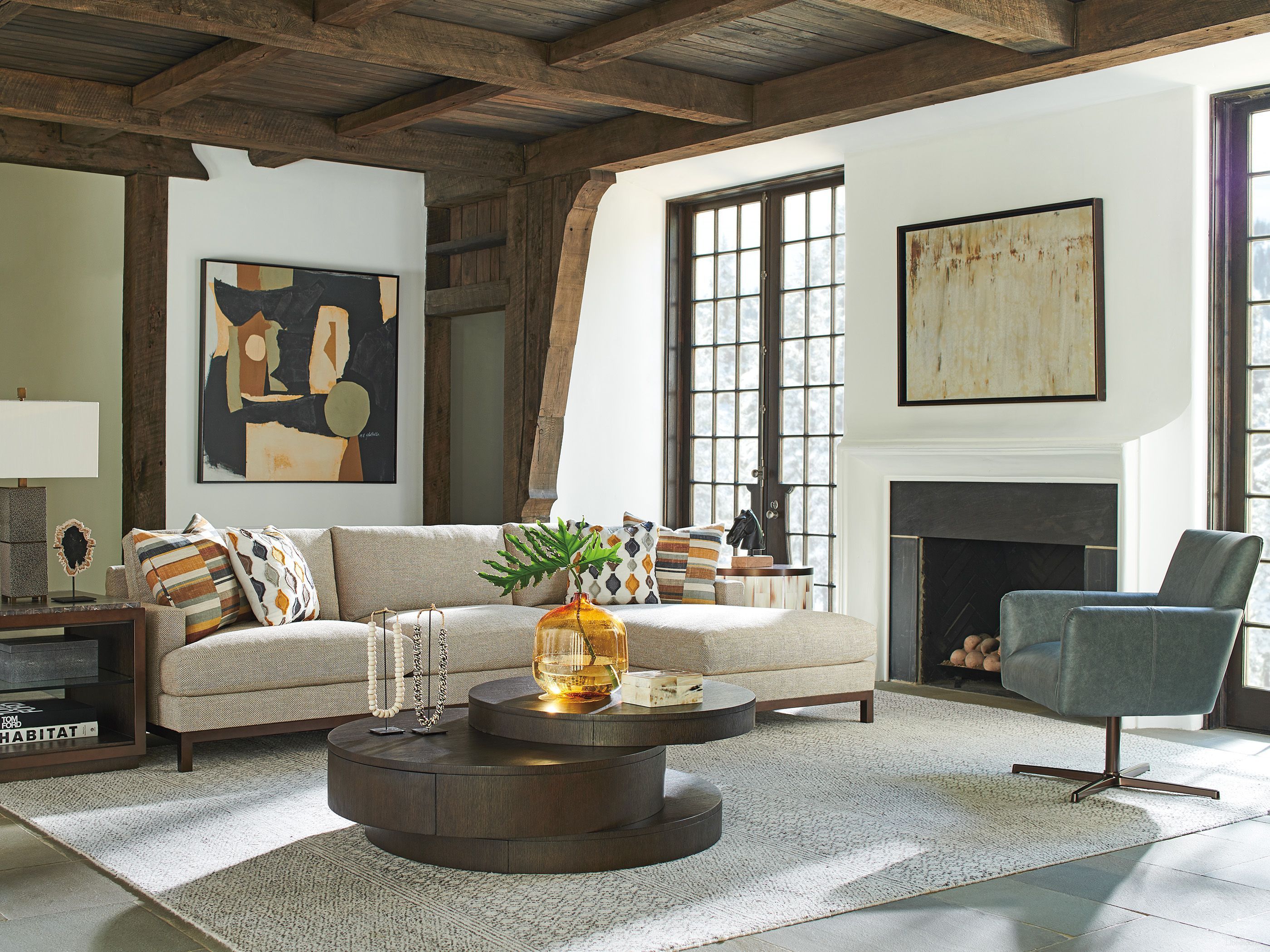 The appearance of Park City Canyon Mountaineer Round Occasional Table Set designed by Barclay Butera in the modern / contemporary interior design. This canyon piece of furniture  was selected by 1StopBedrooms from Park City Collection to add a touch of cosiness and style into your home. Sku: 930-941;930-956. Material: Wood.