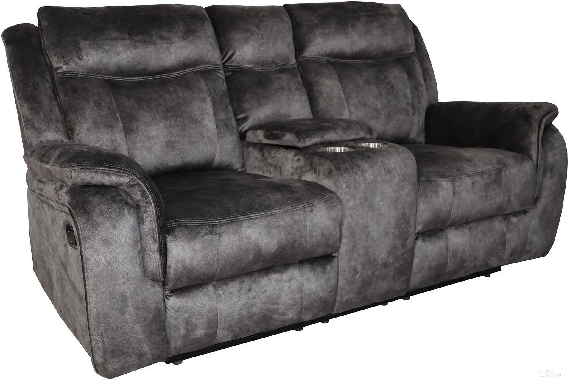 The appearance of Park City Console Loveseat with Dual Recliners In Slate designed by New Classic in the modern / contemporary interior design. This slate piece of furniture was selected by 1StopBedrooms from Park City Collection to add a touch of cosiness and style into your home. Sku: U456-25-SGY. Material: Fabric.
