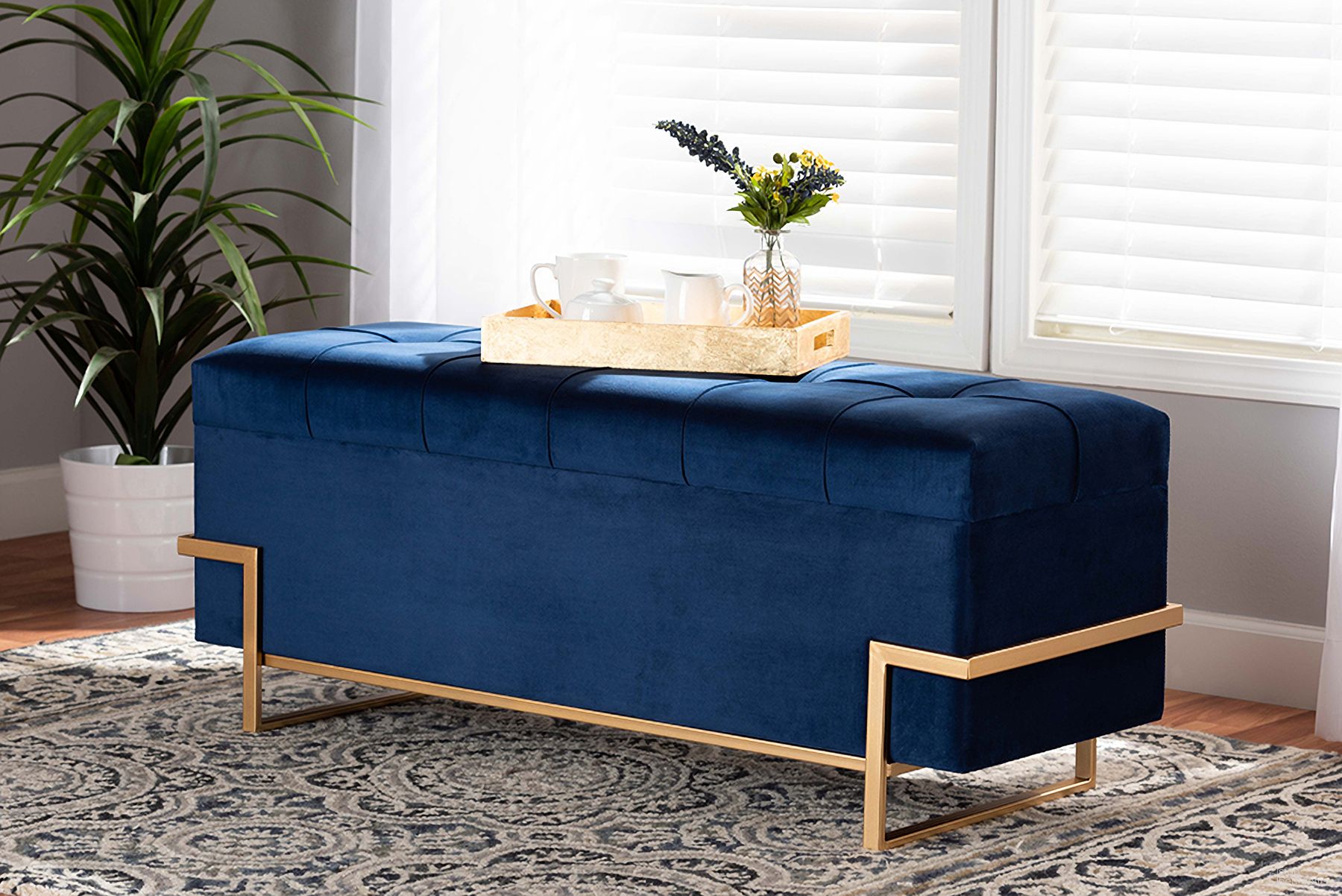 The appearance of Parker Glam and Luxe Navy Blue Velvet Upholstered and Gold Metal Finished Storage Ottoman designed by Baxton Studio in the transitional interior design. This gold piece of furniture was selected by 1StopBedrooms from Parker Collection to add a touch of cosiness and style into your home. Sku: JY20A122L-Navy Blue/Gold-Storage Otto. Material: Velvet.