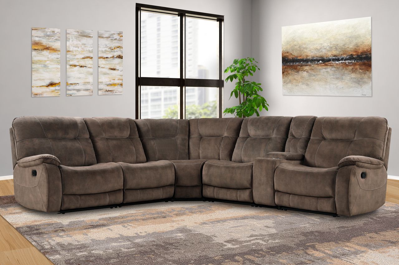 The appearance of Parker Living Cooper Shadow Brown 6 Piece Modular Manual Reclining Sectional With Console designed by Parker House in the transitional interior design. This brown piece of furniture was selected by 1StopBedrooms from Cooper Collection to add a touch of cosiness and style into your home. Sku: MCOO#810-SBR;MCOO#811L-SBR;MCOO#811R-SBR;MCOO#840-SBR;MCOO#850-SBR;MCOO#860-SBR. Material: Polyester. Layout: L-Shape.