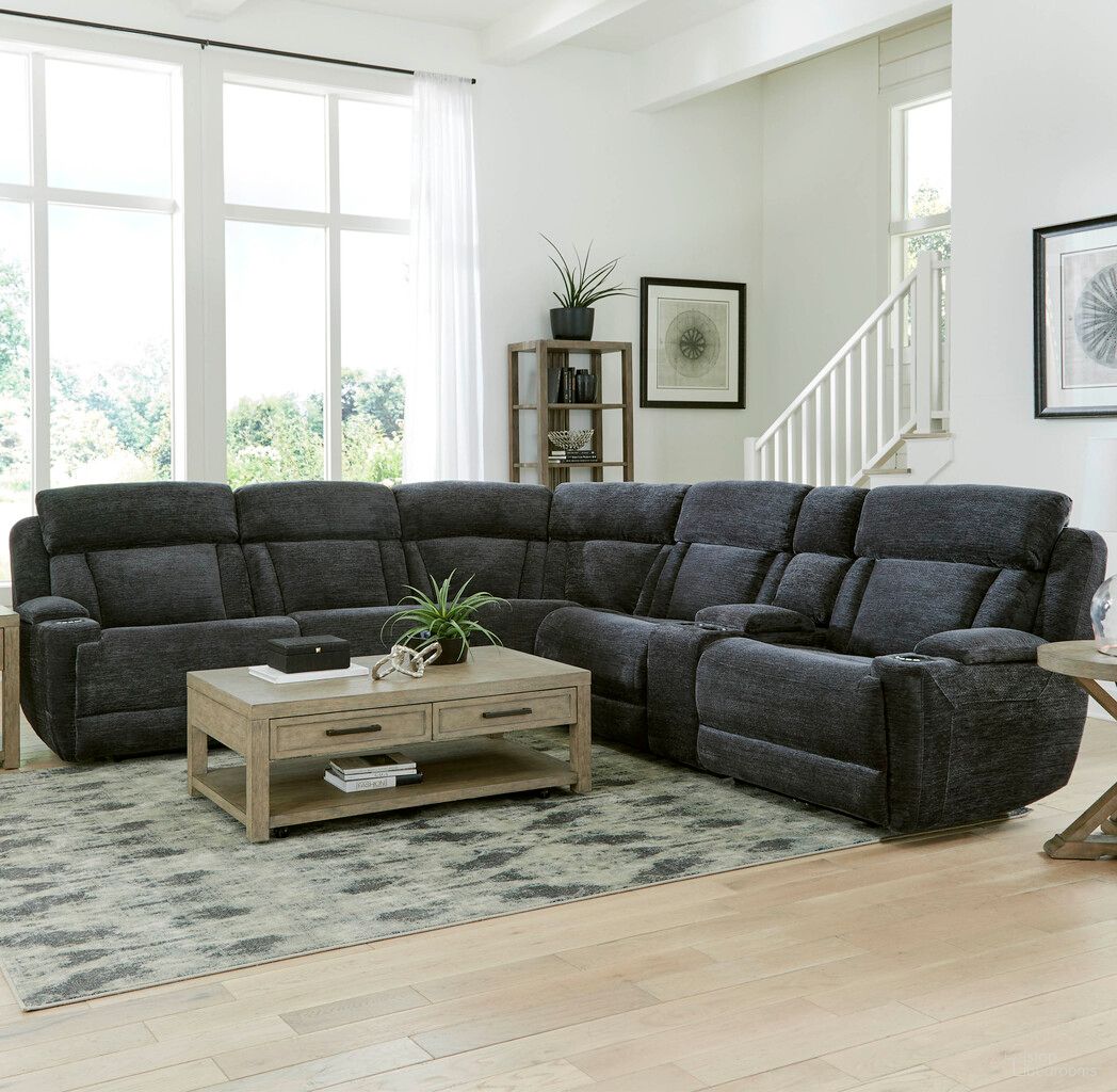 The appearance of Parker Living Dalton Lucky Charcoal 6 Piece Modular Power Reclining Sectional With Power Headrests And Console designed by Parker House in the transitional interior design. This charcoal piece of furniture was selected by 1StopBedrooms from Dalton Collection to add a touch of cosiness and style into your home. Sku: MDAL#810-LCH;MDAL#811LPH-LCH;MDAL#811RPH-LCH;MDAL#840T-LCH;MDAL#850-LCH;MDAL#860-LCH. Material: Chenille. Layout: L-Shape.