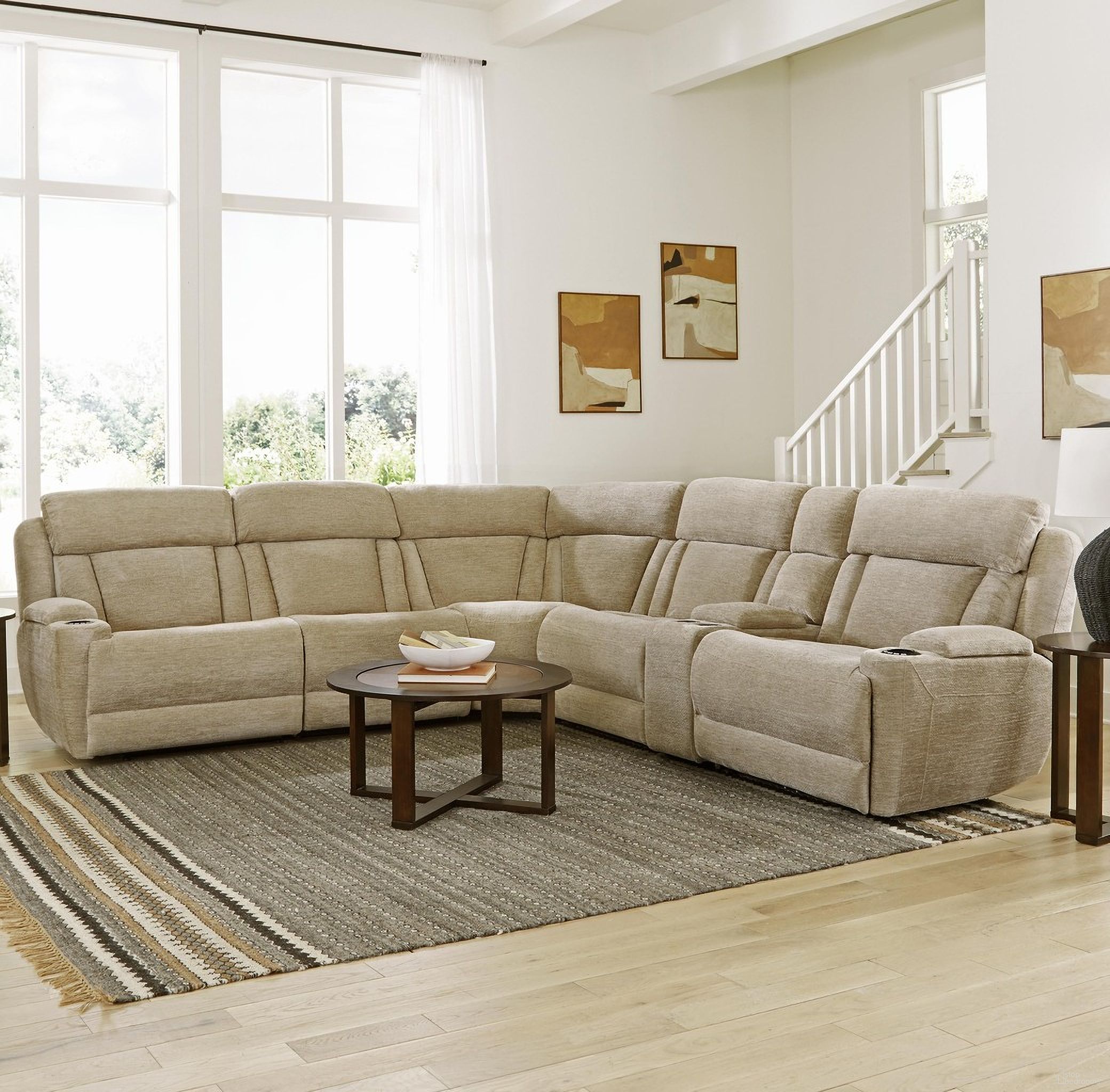 The appearance of Parker Living Dalton Lucky Fawn 6 Piece Modular Power Reclining Sectional With Power Headrests And Console designed by Parker House in the transitional interior design. This fawn piece of furniture  was selected by 1StopBedrooms from Dalton Collection to add a touch of cosiness and style into your home. Sku: MDAL#810-LFA;MDAL#811LPH-LFA;MDAL#811RPH-LFA;MDAL#840T-LFA;MDAL#850-LFA;MDAL#860-LFA. Material: Chenille. Layout: L-Shape.