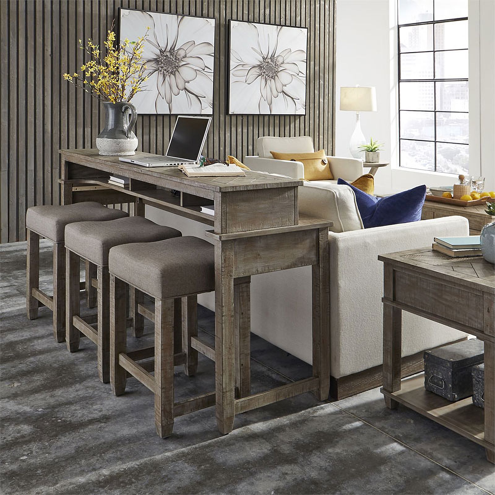 The appearance of Parkland Falls Console Bar Table Set designed by Liberty in the transitional interior design. This weathered taupe piece of furniture  was selected by 1StopBedrooms from Parkland Falls Collection to add a touch of cosiness and style into your home. Sku: 172-OT7436;172-OT9001. Material: Pine.