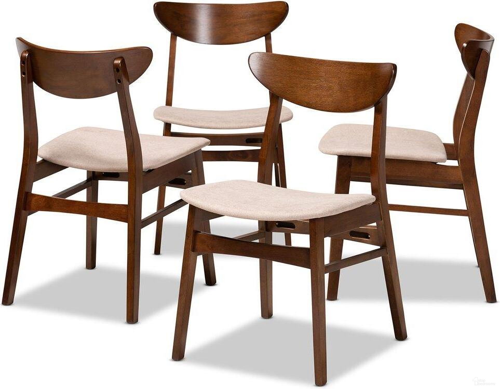 The appearance of Parlin Mid-Century Modern Transitional Light Beige Fabric Upholstered and Walnut Brown Finished Wood 4-Piece Dining Chair Set designed by Baxton Studio in the transitional interior design. This light beige piece of furniture  was selected by 1StopBedrooms from Parlin Collection to add a touch of cosiness and style into your home. Sku: Parlin-Latte/Walnut-DC. Material: Rubberwood. Chair Type: Side Chair.