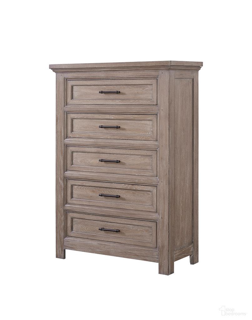 The appearance of Parson Creek 5 Drawer Chest in Milk-Paint Oak designed by FD Home in the country / farmhouse interior design. This milk paint oak piece of furniture  was selected by 1StopBedrooms from Parson Creek Collection to add a touch of cosiness and style into your home. Sku: 7318-11. Material: Poplar Solid.