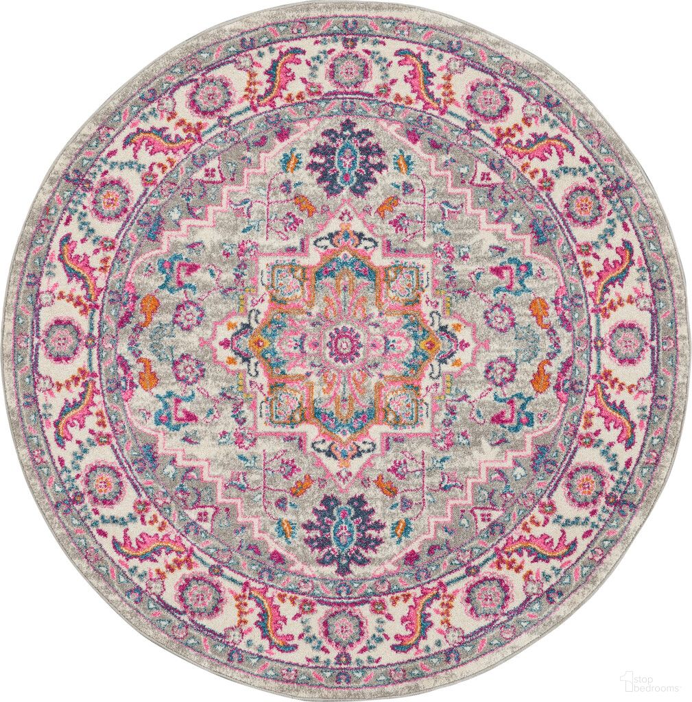 The appearance of Passion 5' x 5' Round Indoor Rug In Light Grey and Pink designed by Nourison in the bohemian interior design. This light grey and pink piece of furniture  was selected by 1StopBedrooms from Passion Collection to add a touch of cosiness and style into your home. Sku: 99446765208. Material: Polypropylene.