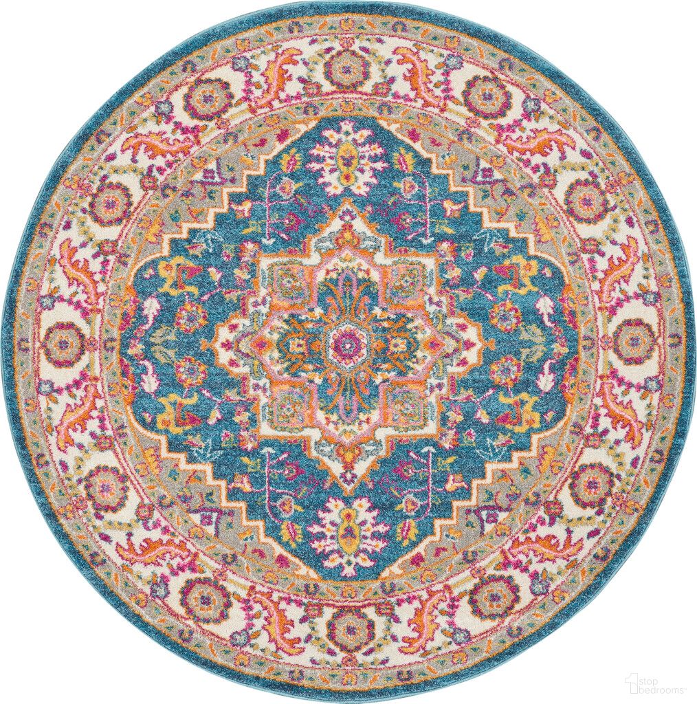 The appearance of Passion 5' x 5' Round Indoor Rug In Teal and Multicolor designed by Nourison in the bohemian interior design. This teal and multicolor piece of furniture was selected by 1StopBedrooms from Passion Collection to add a touch of cosiness and style into your home. Sku: 99446765284. Material: Polypropylene.
