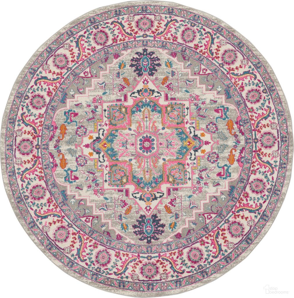 The appearance of Passion 8' x 8' Round Indoor Rug In Light Grey and Pink designed by Nourison in the bohemian interior design. This light grey and pink piece of furniture was selected by 1StopBedrooms from Passion Collection to add a touch of cosiness and style into your home. Sku: 99446765215. Material: Polypropylene.