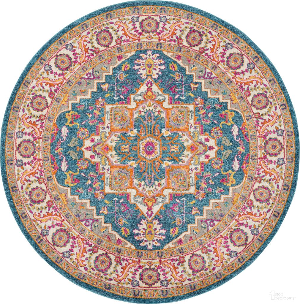 Passion 8' x 8' Round Indoor Rug In Teal and Multicolor